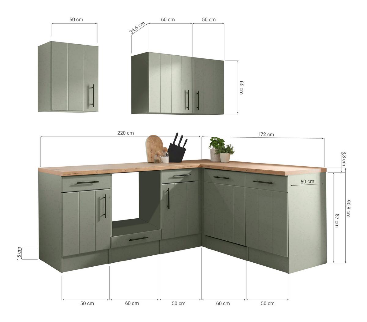 Küchenleerblock Anton o. Geräte Wildeiche/Schilfgrün - Schilfgrün/Wildeiche, Trend, Holzwerkstoff/Metall (220cm) - Respekta