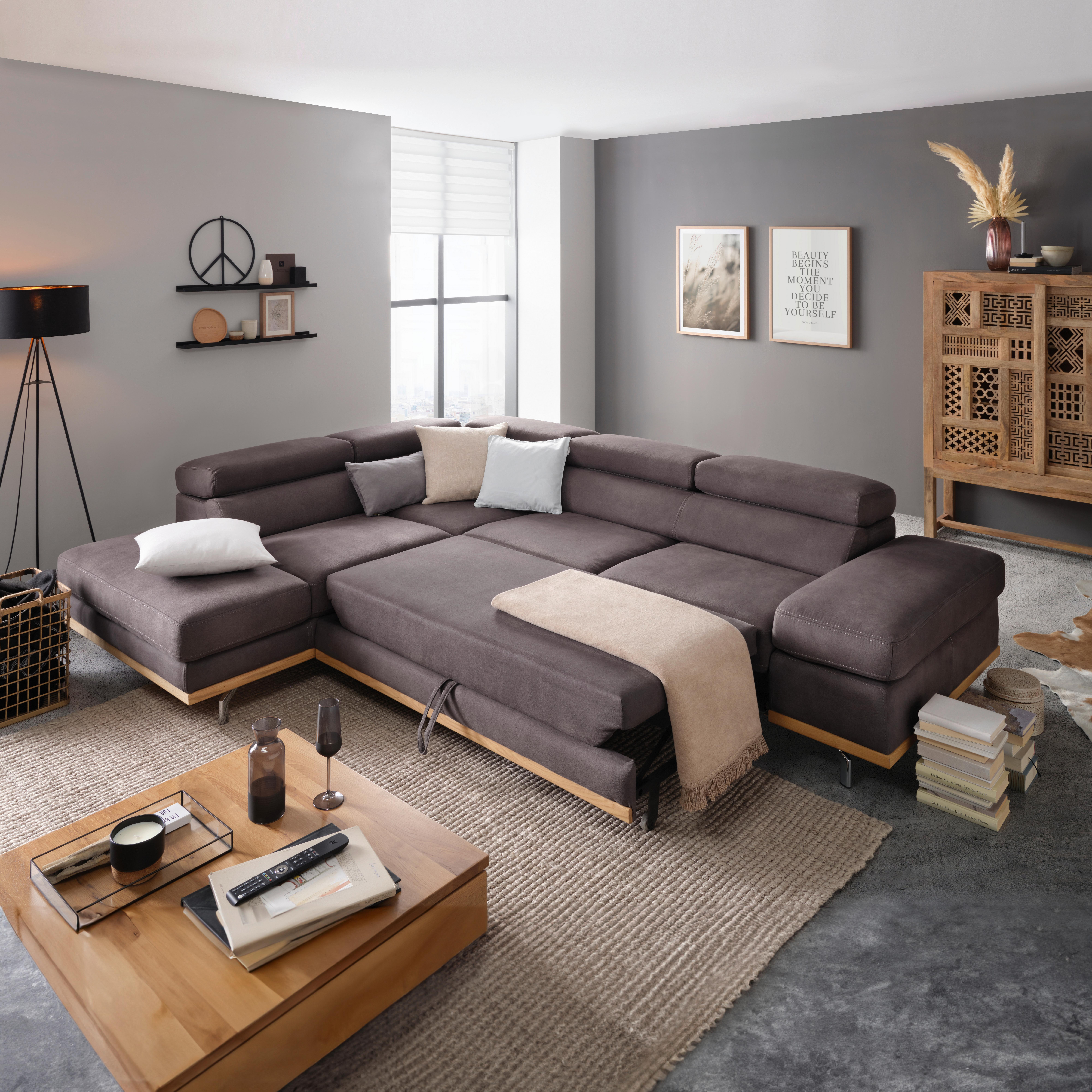 Wohnlandschaft Carmen in Platin mit Bettfunktion - Platinfarben/Chromfarben, KONVENTIONELL, Holz/Textil (292/93/226cm) - Premium Living