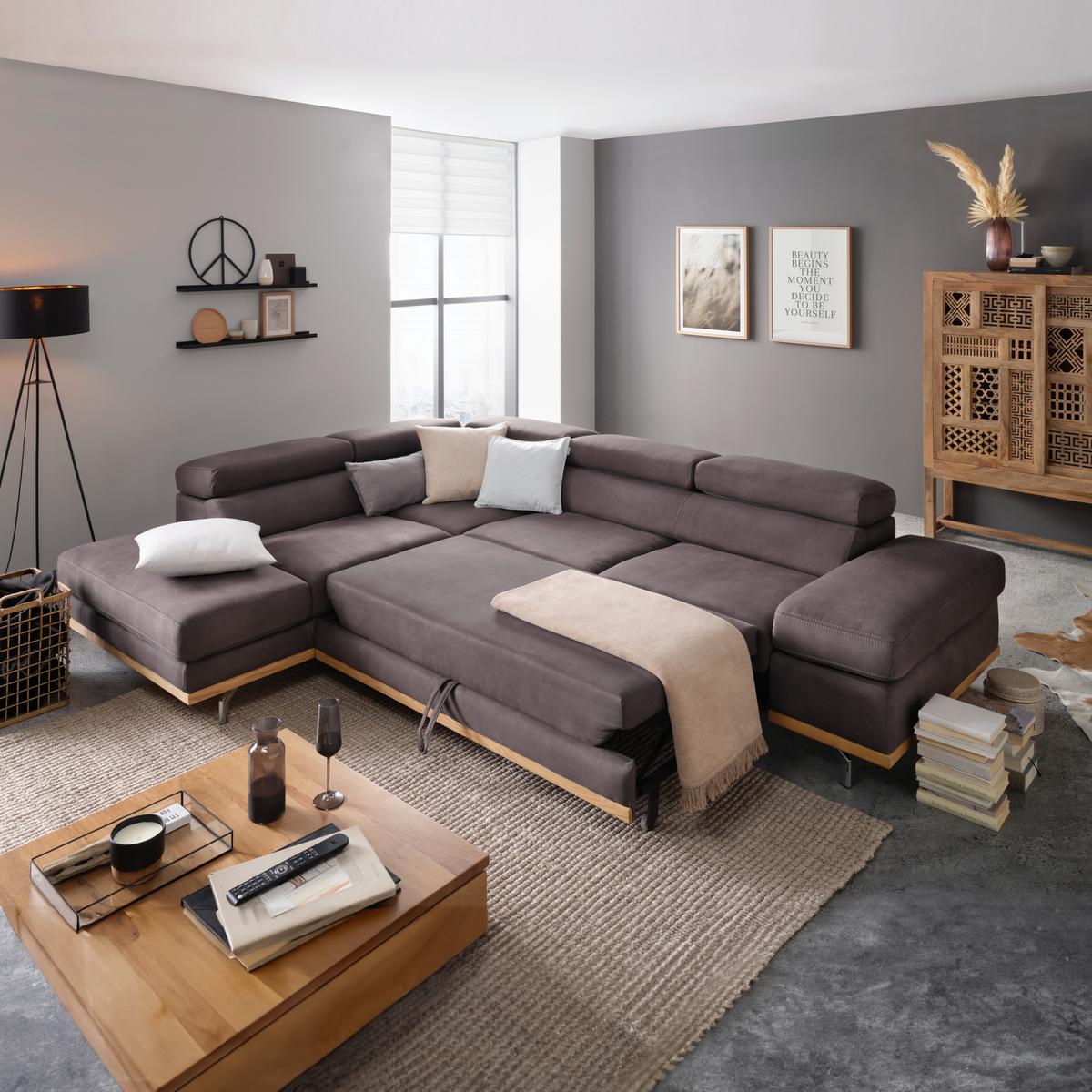 Wohnlandschaft Carmen in Platin mit Bettfunktion - Platinfarben/Chromfarben, KONVENTIONELL, Holz/Textil (292/93/226cm) - Premium Living