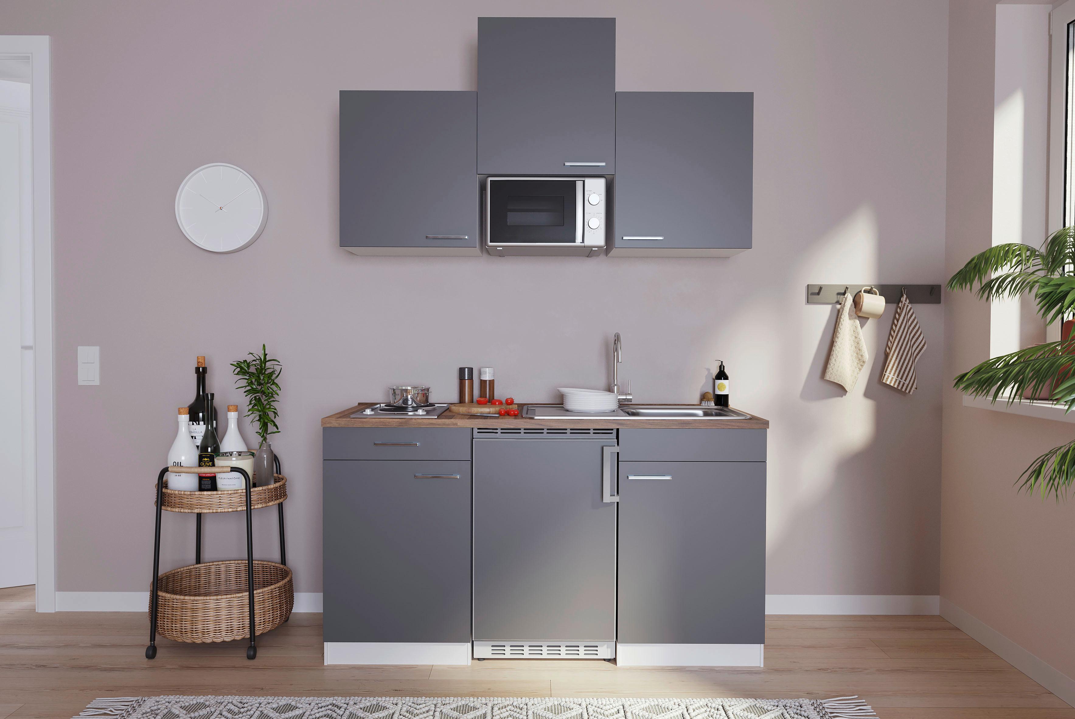 Miniküche Economy m. Geräten Grau B: ca. 150 cm - Edelstahlfarben/Nussbaumfarben, Basics, Holzwerkstoff/Kunststoff (150cm) - Respekta