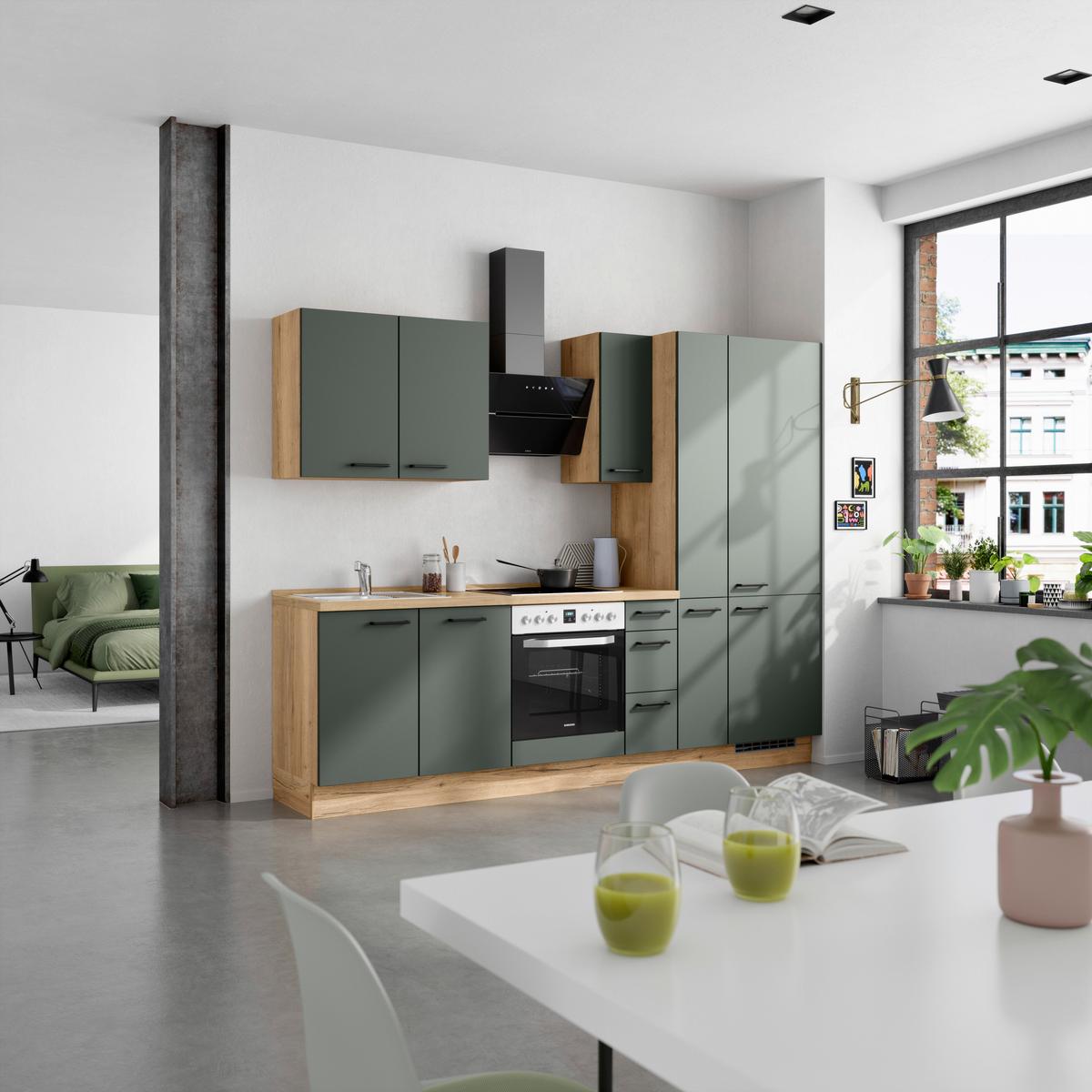 Küchenblock Easytouch High m. Geräten Dunkelgrün - Dunkelgrün/Eichefarben, MODERN, Holzwerkstoff/Metall (270cm) - Nobilia
