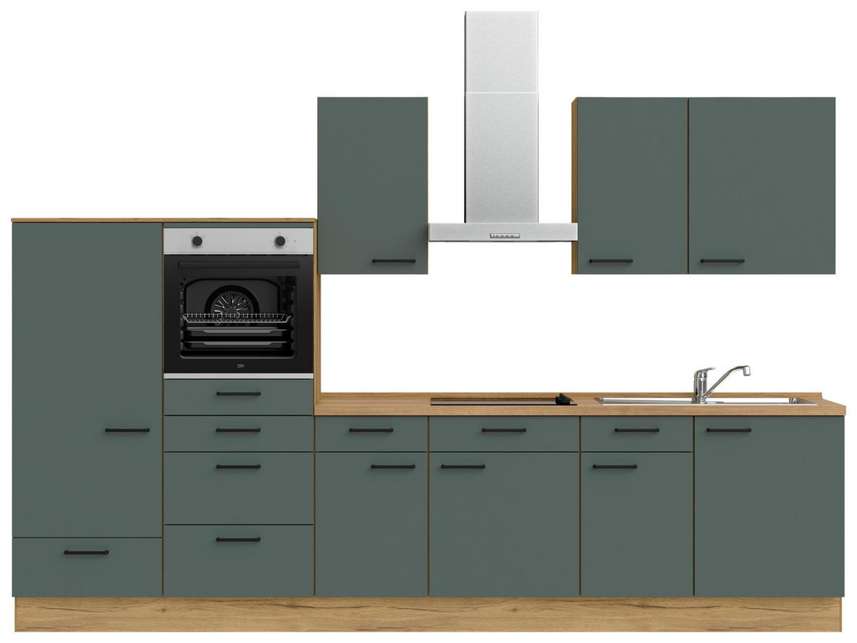 Küchenblock Easytouch Low m. Geräten Dunkelgrün - Dunkelgrün/Eichefarben, MODERN, Holzwerkstoff/Metall (330cm) - Nobilia