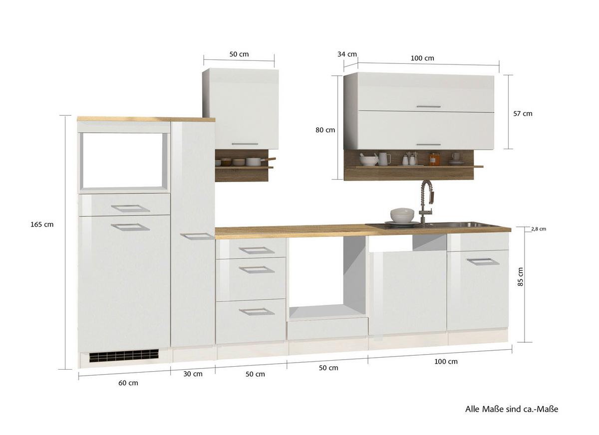 Küchenleerblock Mailand o. Geräte Weiß Hochglanz - Weiß Hochglanz/Silberfarben, MODERN, Glas/Holzwerkstoff (310cm) - Held