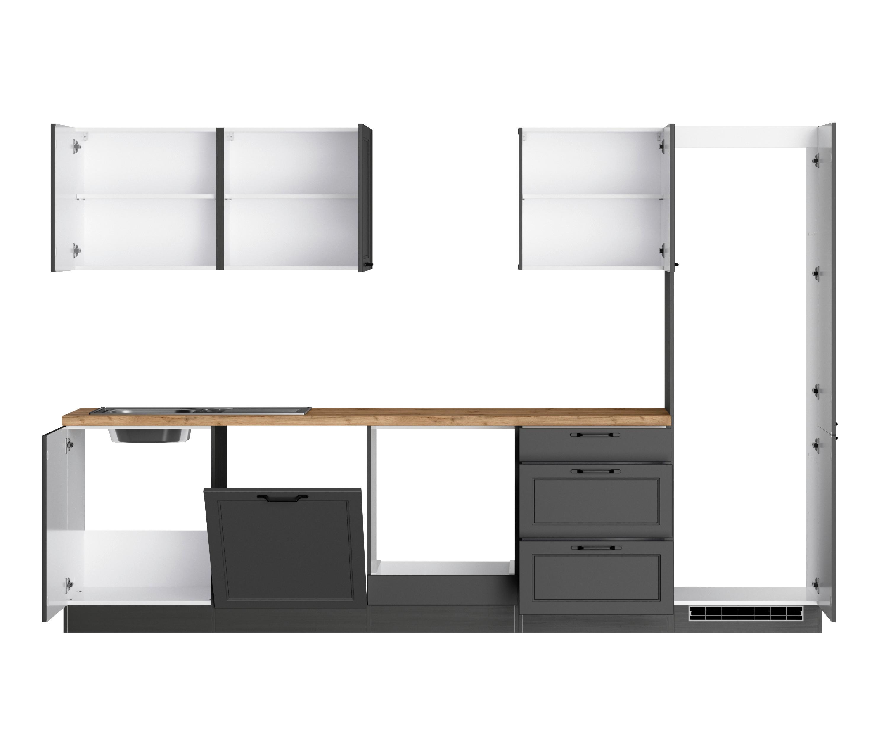 Küchenzeile Meran ohne Geräte ca. 300 cm Grau/Eiche - Eiche Wotan/Schwarz, LIFESTYLE, Holzwerkstoff/Metall (300cm) - Held