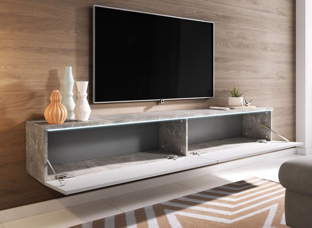 Lowboard ca. 180x30 cm mit LED Beton Optik/Weiß Hochglanz - Weiß Hochglanz/Grau, LIFESTYLE, Holzwerkstoff/Kunststoff (180/30/33cm) - P & B