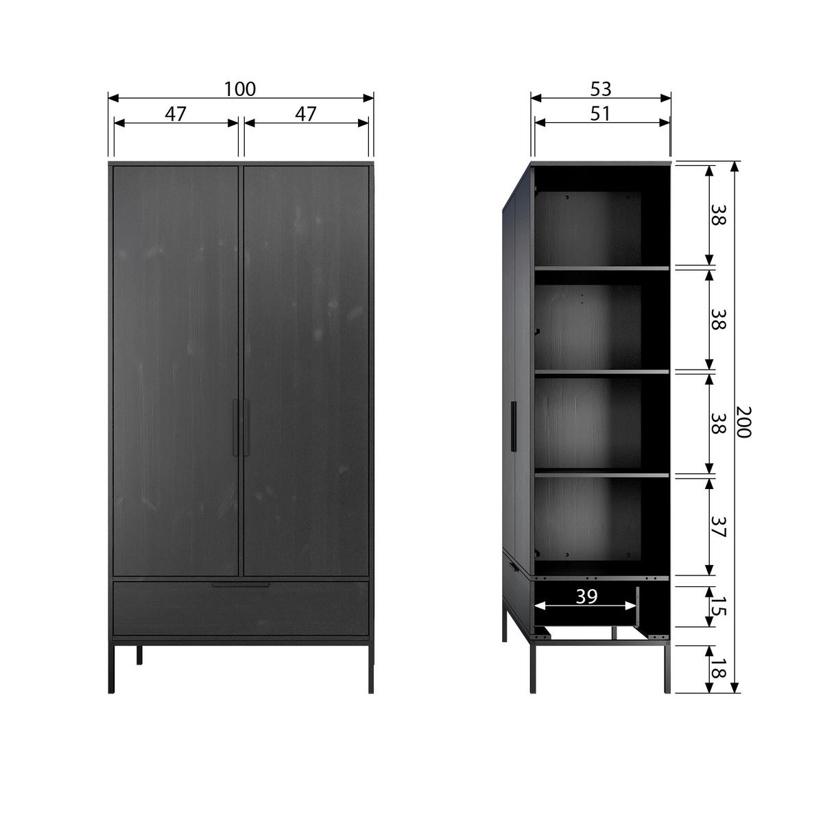 Drehtürenschrank Adam Schwarz B: 100cm - Schwarz, Basics, Holz/Metall (100/200/53cm) - MID.YOU