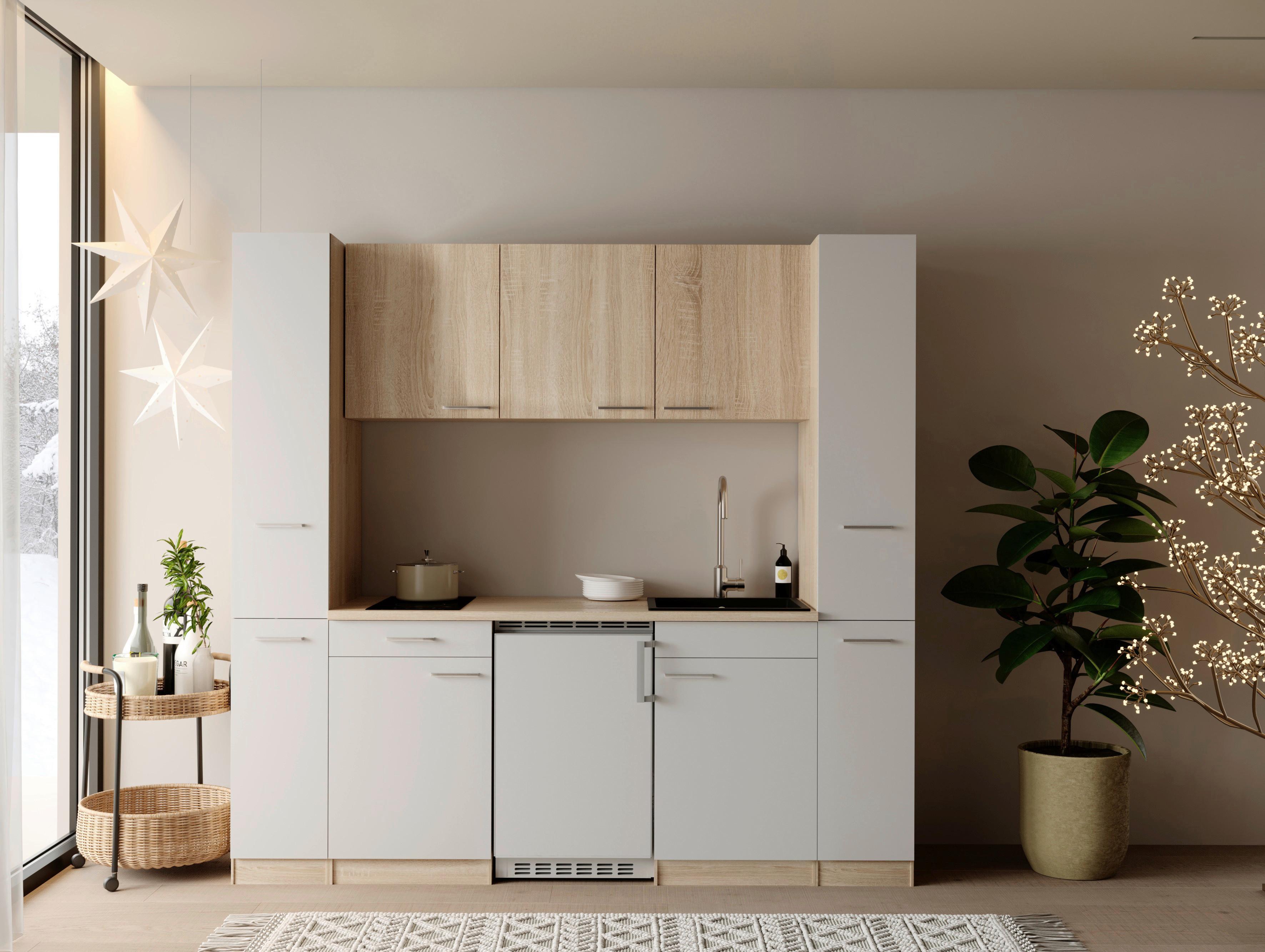 Küchenblock Ingrid m. Geräten Weiß - Eichefarben/Alufarben, Design, Holzwerkstoff/Kunststoff (210cm) - Respekta