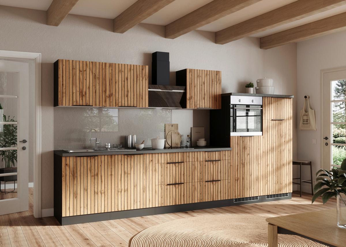 Küchenblock Liverpool m. Geräte Graphit/Eichefarben - Schieferfarben/Eiche Wotan, Basics, Holzwerkstoff/Metall (360cm) - Held