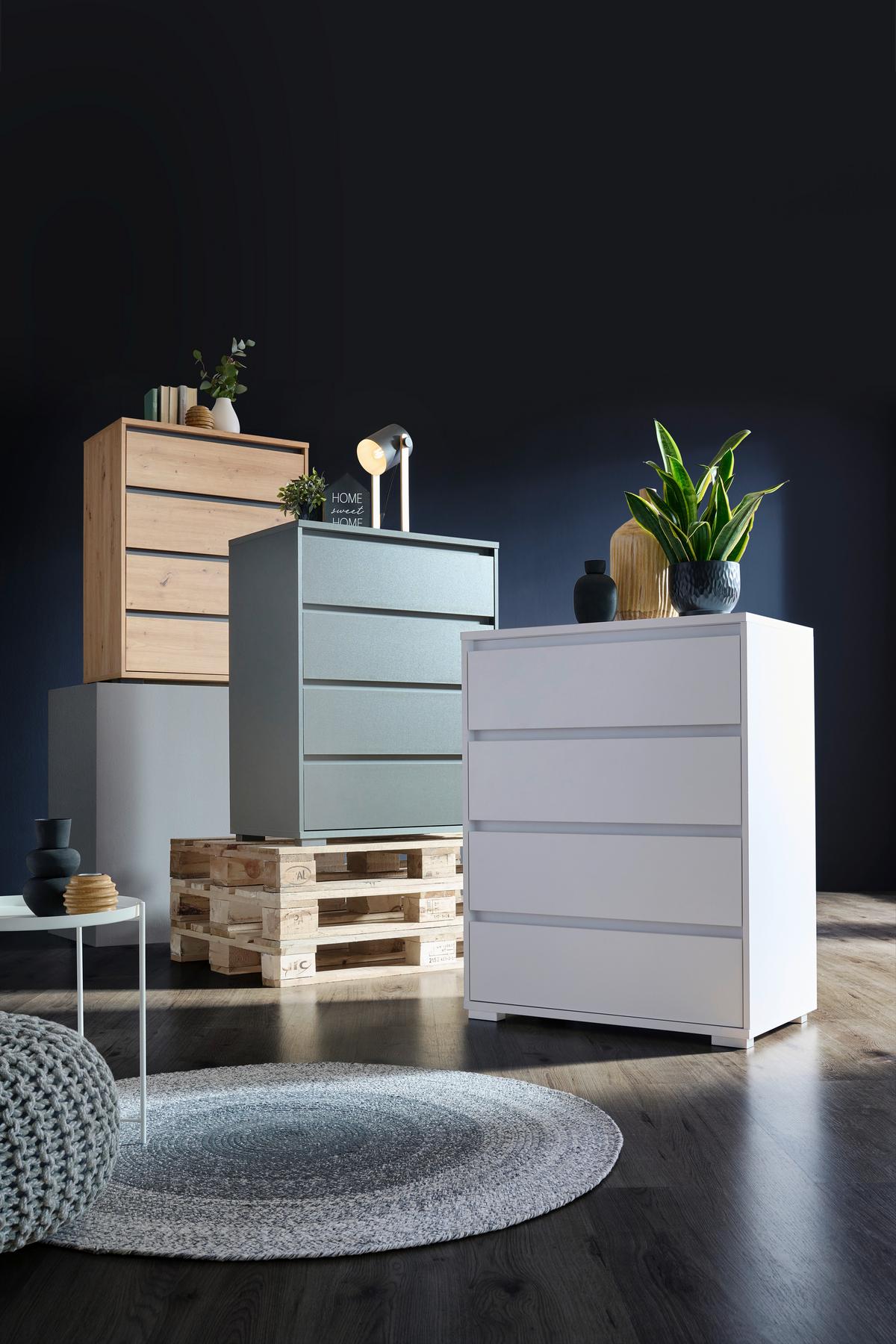 KOMODA LINE - kolor srebrny/biały, Design, materiał drewnopochodny/tworzywo sztuczne (80/103/48cm) - Carryhome