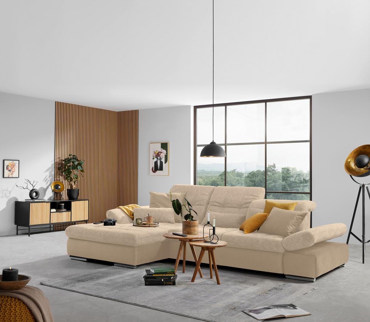 Wohnlandschaft Sanfino Beige - Chromfarben/Beige, KONVENTIONELL, Holz/Textil (199/79-96/305cm) - Premium Living
