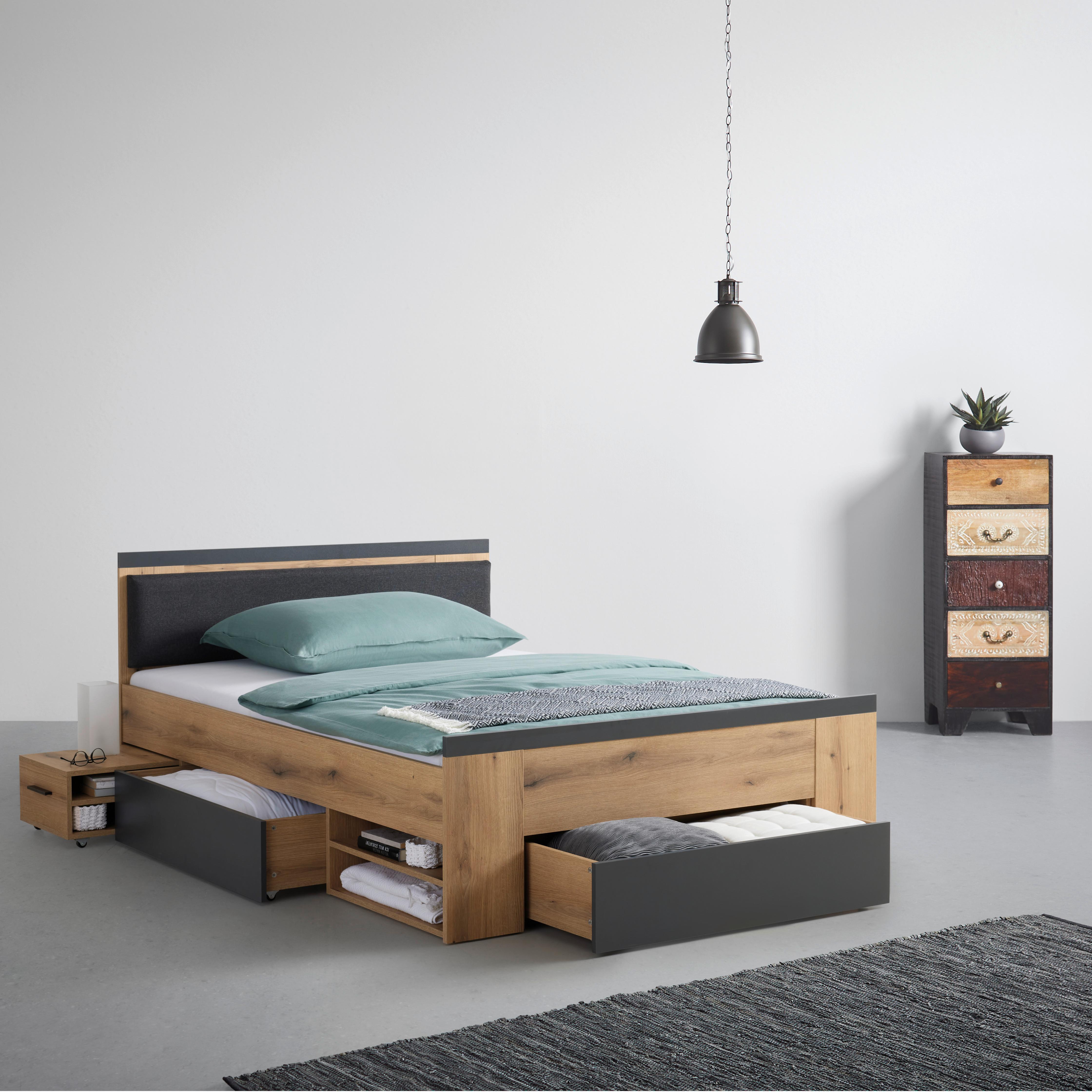 Bett Cadix Anthrazit/Eichefarben - Eichefarben/Anthrazit, KONVENTIONELL, Holzwerkstoff (140/200cm) - Mömax