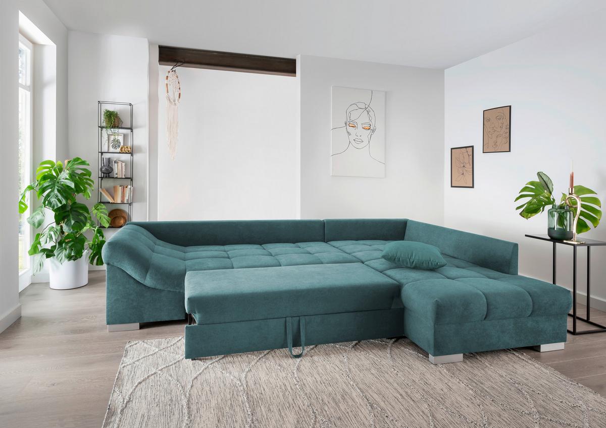 Wohnlandschaft Alvito Petrol Nylon/Mikrofaser - Silberfarben/Petrol, Design, Holz/Textil (298/202cm) - MID.YOU