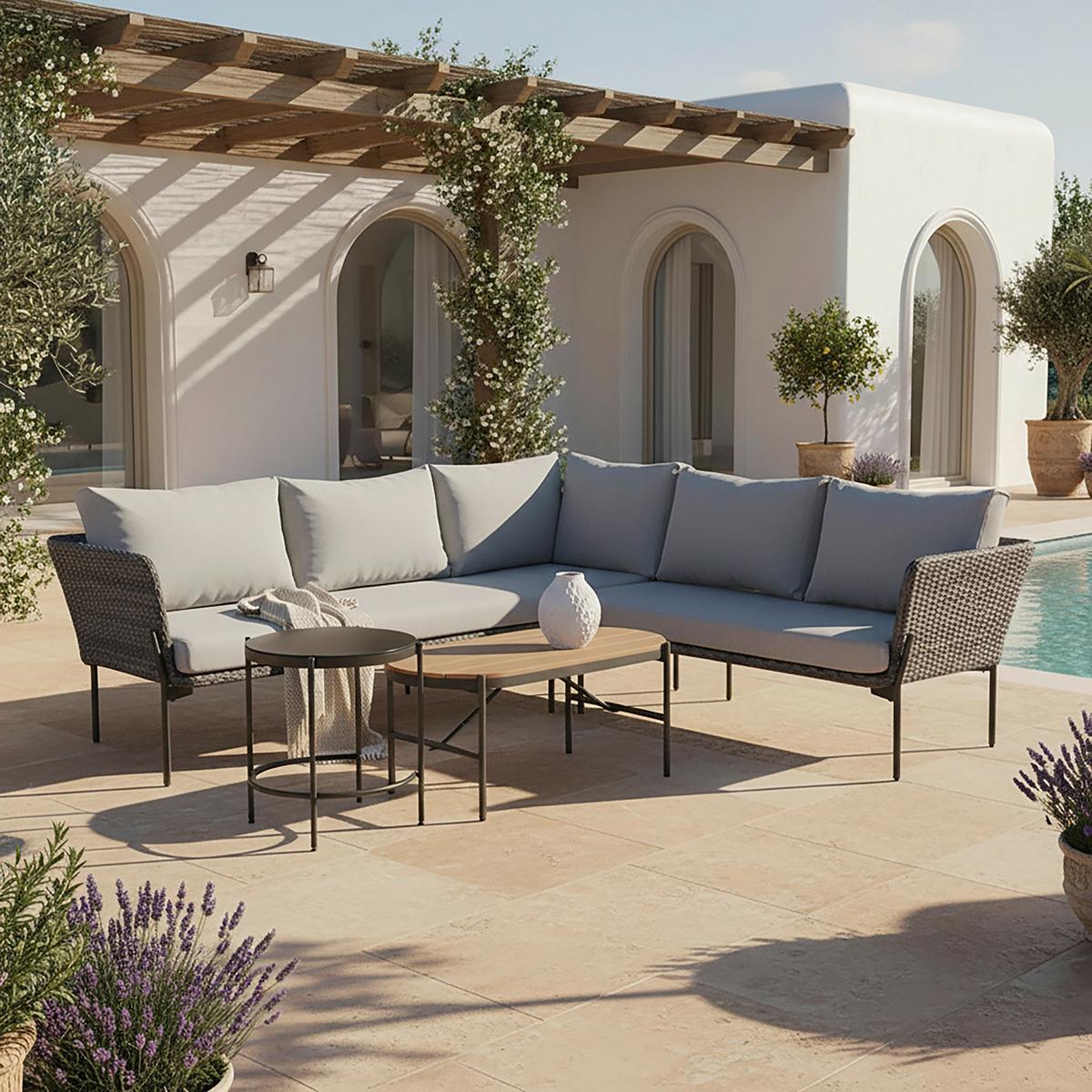 Loungegarnitur Zophia Grau Outdoorstoff/Metall - Dunkelgrau/Schwarz, MODERN, Glas/Kunststoff (294/68/77cm) - Bessagi Garden