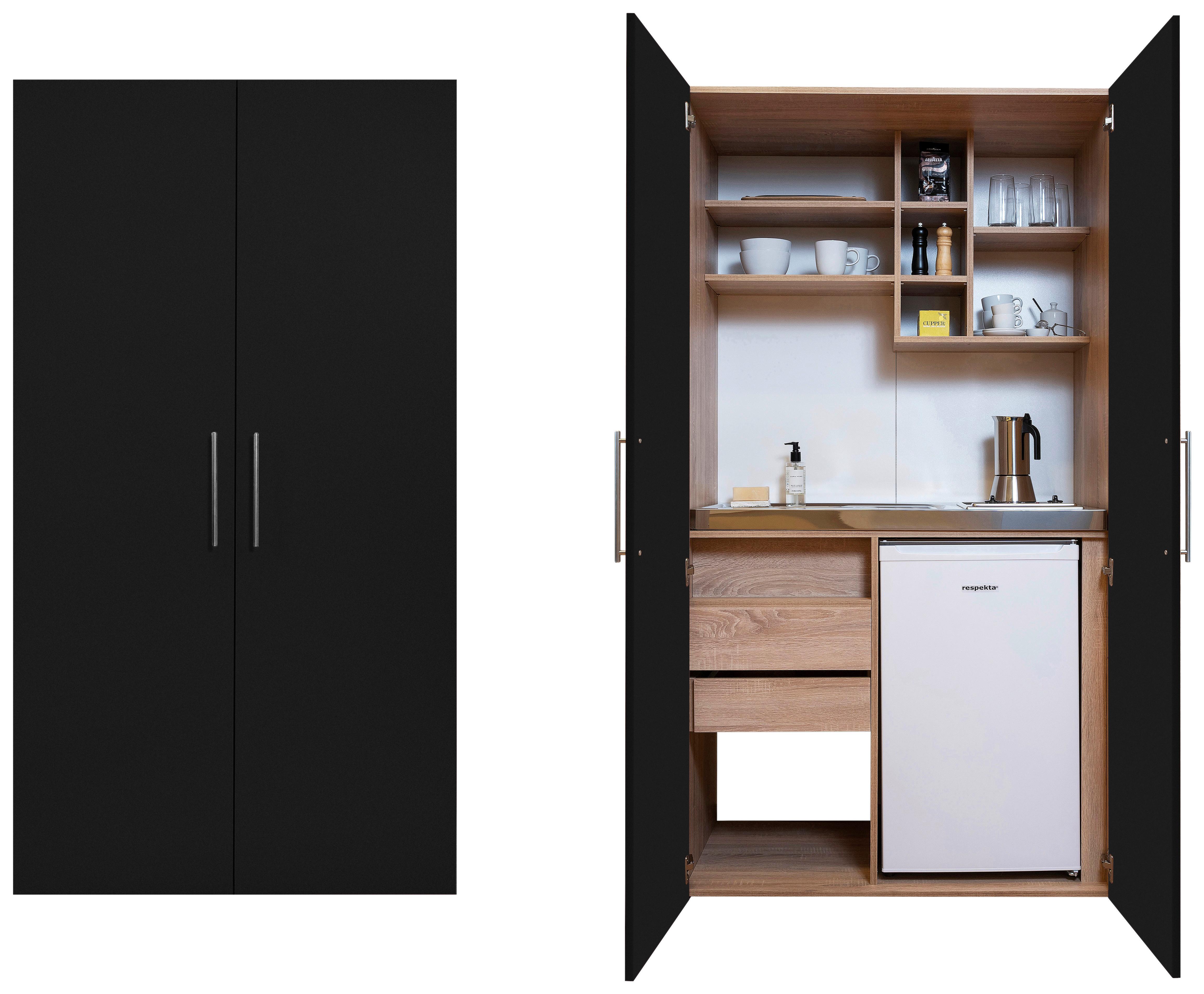 Schrankküche mit Kühlschrank + Kochfeld Schwarz B: ca. 104 cm - Edelstahlfarben/Eichefarben, KONVENTIONELL, Holzwerkstoff/Metall (104/193/67cm) - Respekta