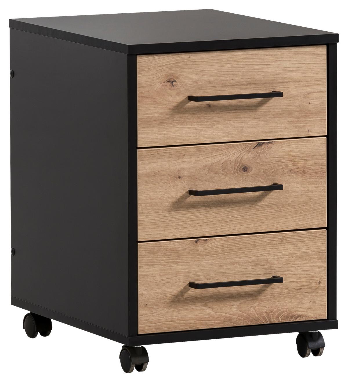 Rollcontainer Aino Schwarz/Eiche Artisan - Schwarz/Eiche Artisan, MODERN, Holzwerkstoff/Kunststoff (40,1/57/50cm) - MID.YOU