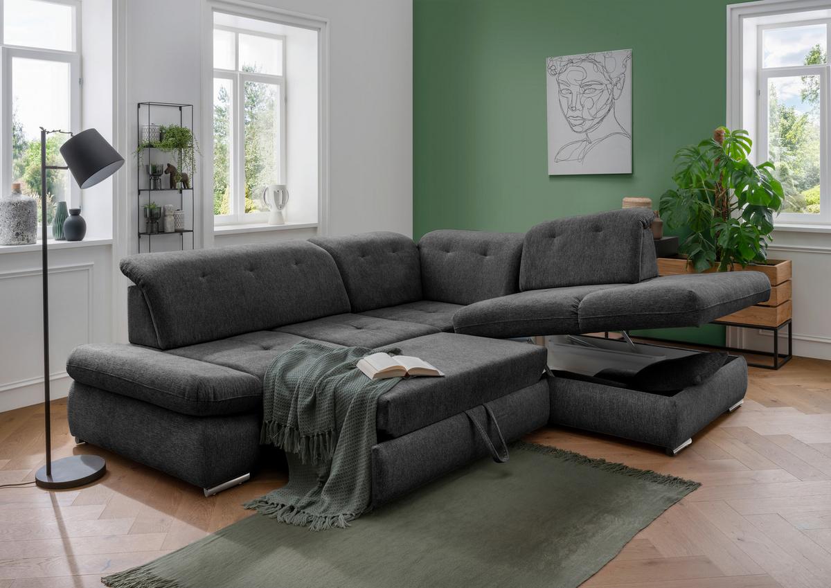 Ecksofa Dalida Anthrazit Chenille m. Bettkasten - Chromfarben/Anthrazit, Design, Textil/Metall (280/254cm) - Livetastic