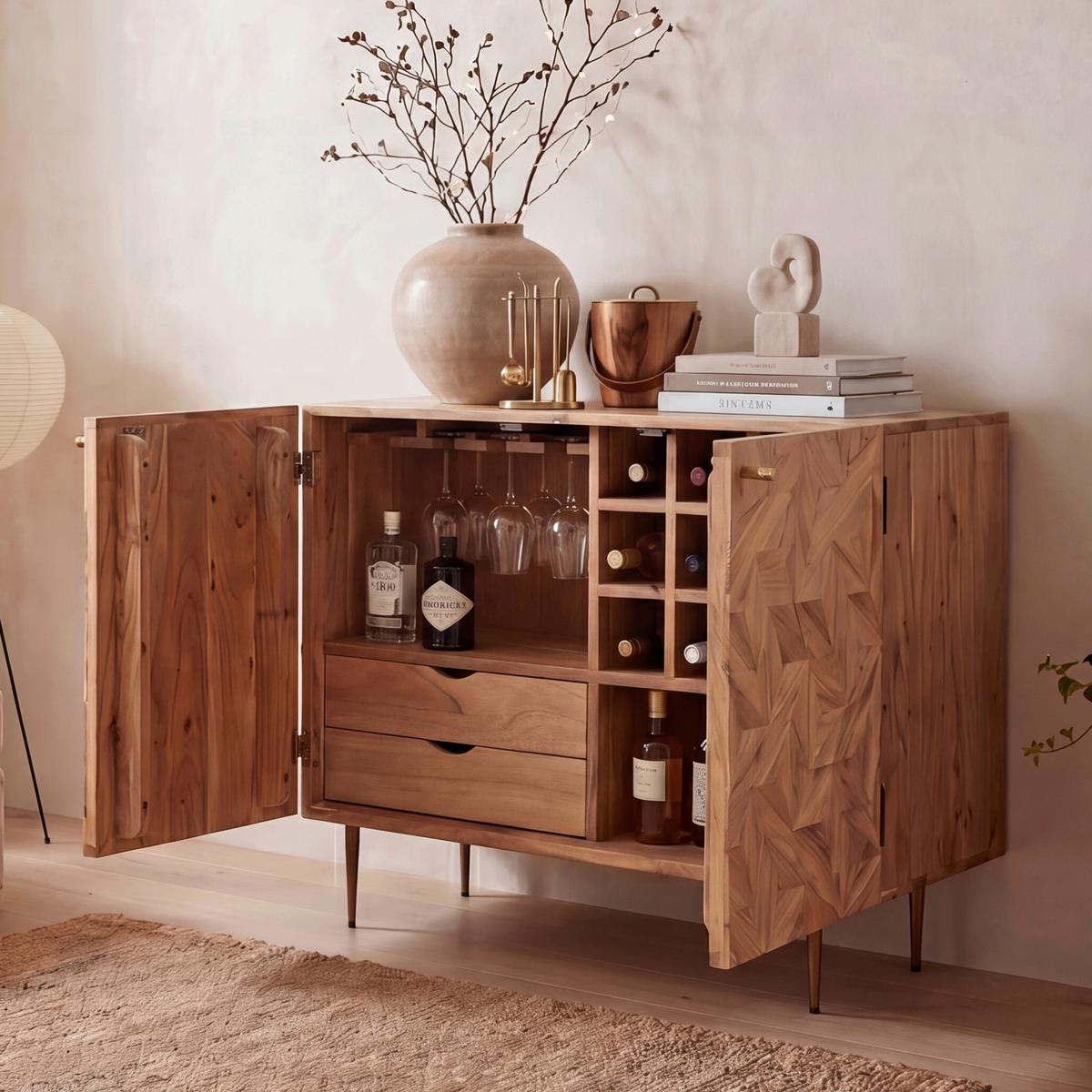 Barschrank Wl7.441 - Goldfarben/Akaziefarben, Design, Holz/Metall (90/45/78cm) - Livetastic