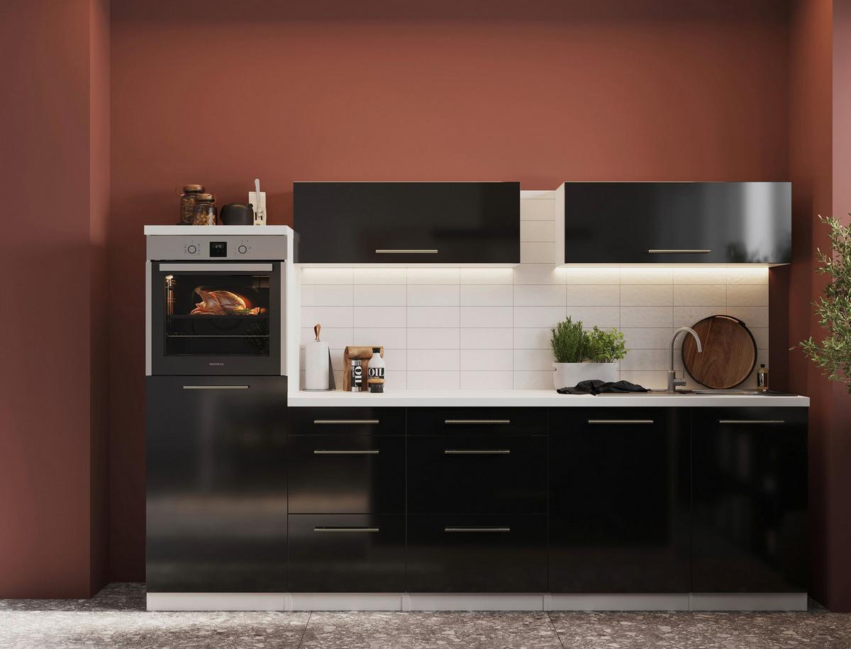 Inselküche Premium Weiss Hoch glanz m. Geräten B: ca. 280 cm - Schwarz/Weiß, MODERN, Holzwerkstoff/Metall (280/160cm) - Respekta