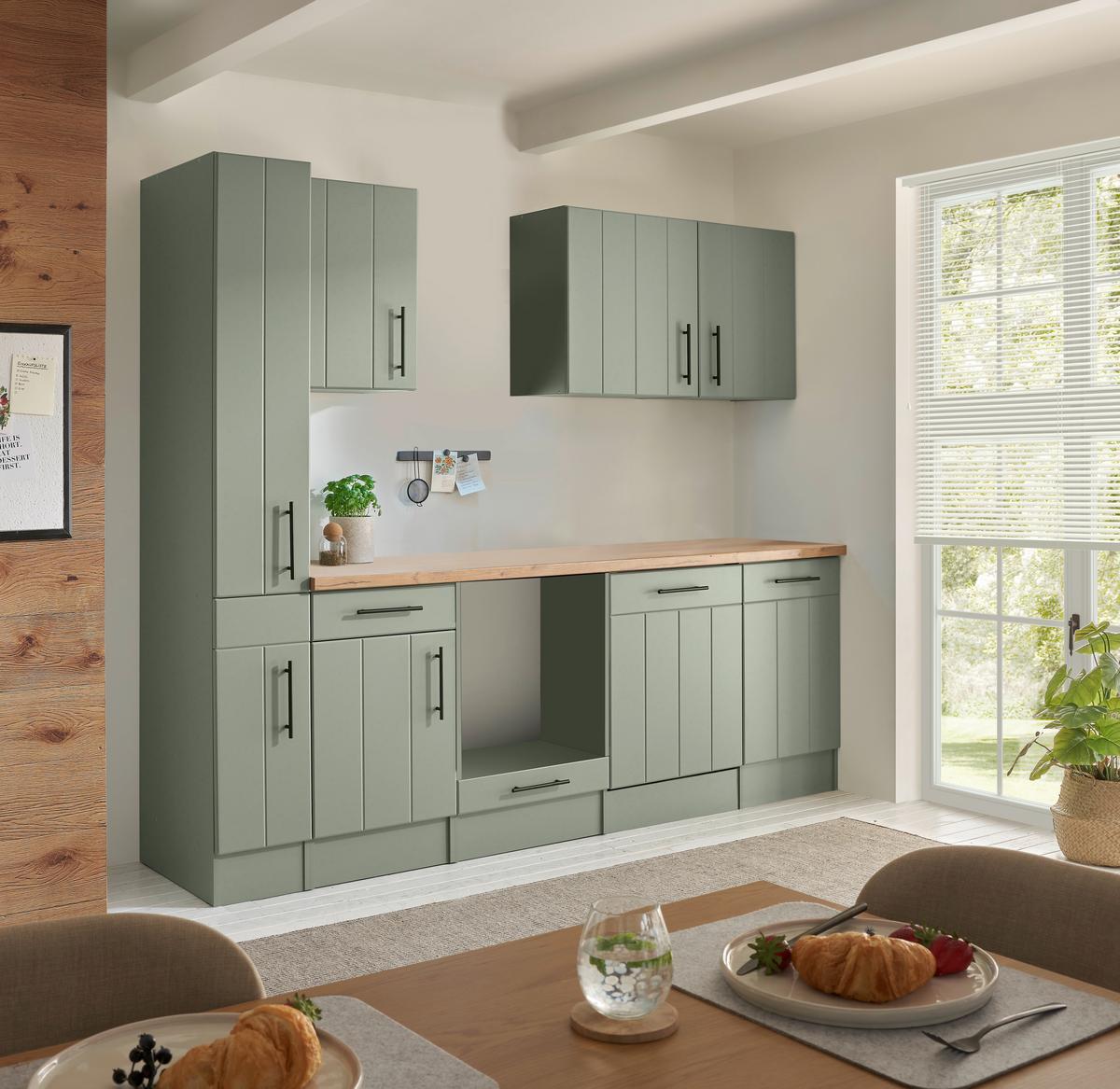 Küchenleerblock Anton o. Geräte Wildeiche/Schilfgrün - Schilfgrün/Wildeiche, Trend, Holzwerkstoff/Metall (250cm) - Respekta