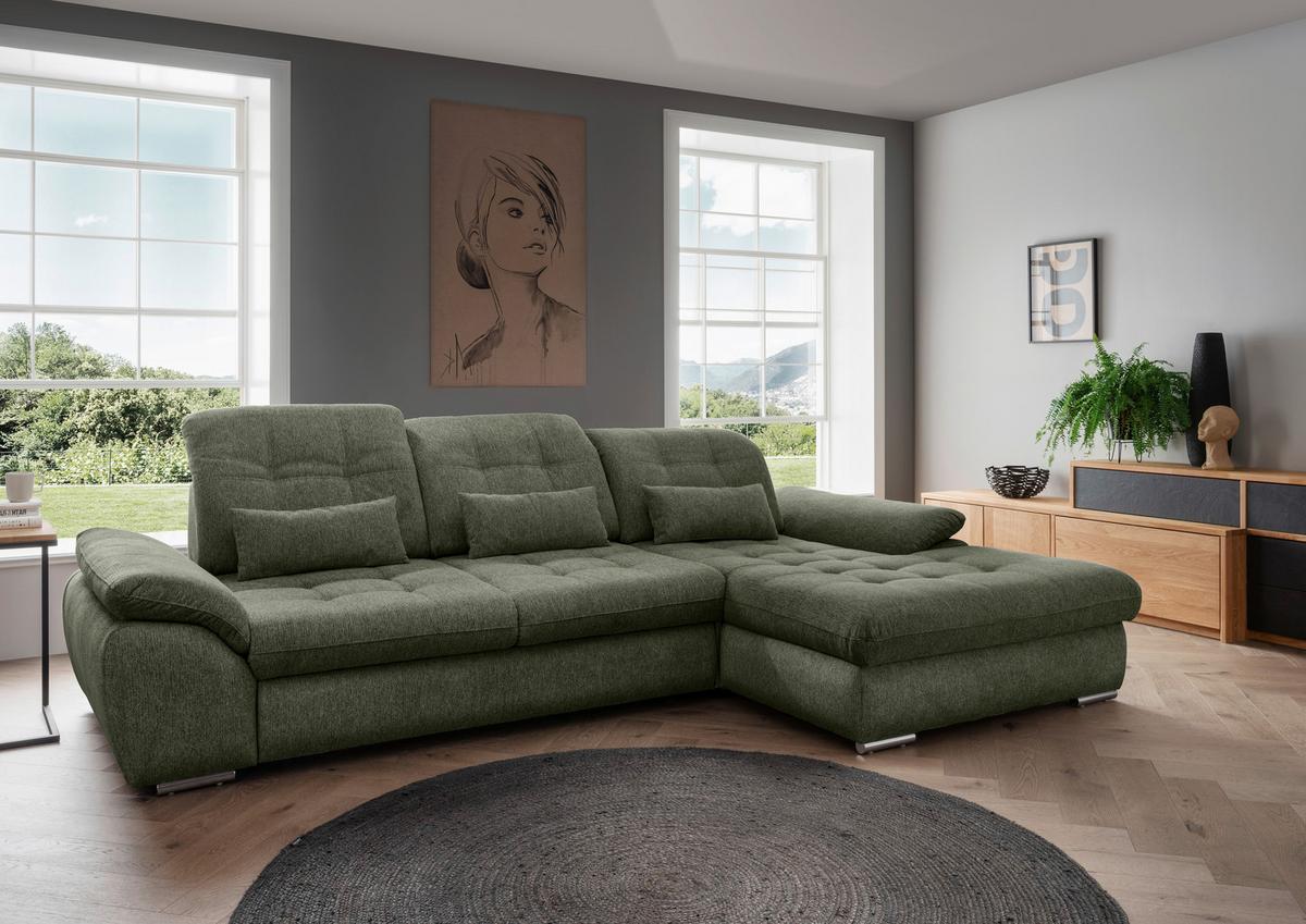 Ecksofa Rigatti Grün Chenille m. Bettkasten - Chromfarben/Grün, MODERN, Textil/Metall (314/184cm) - Livetastic