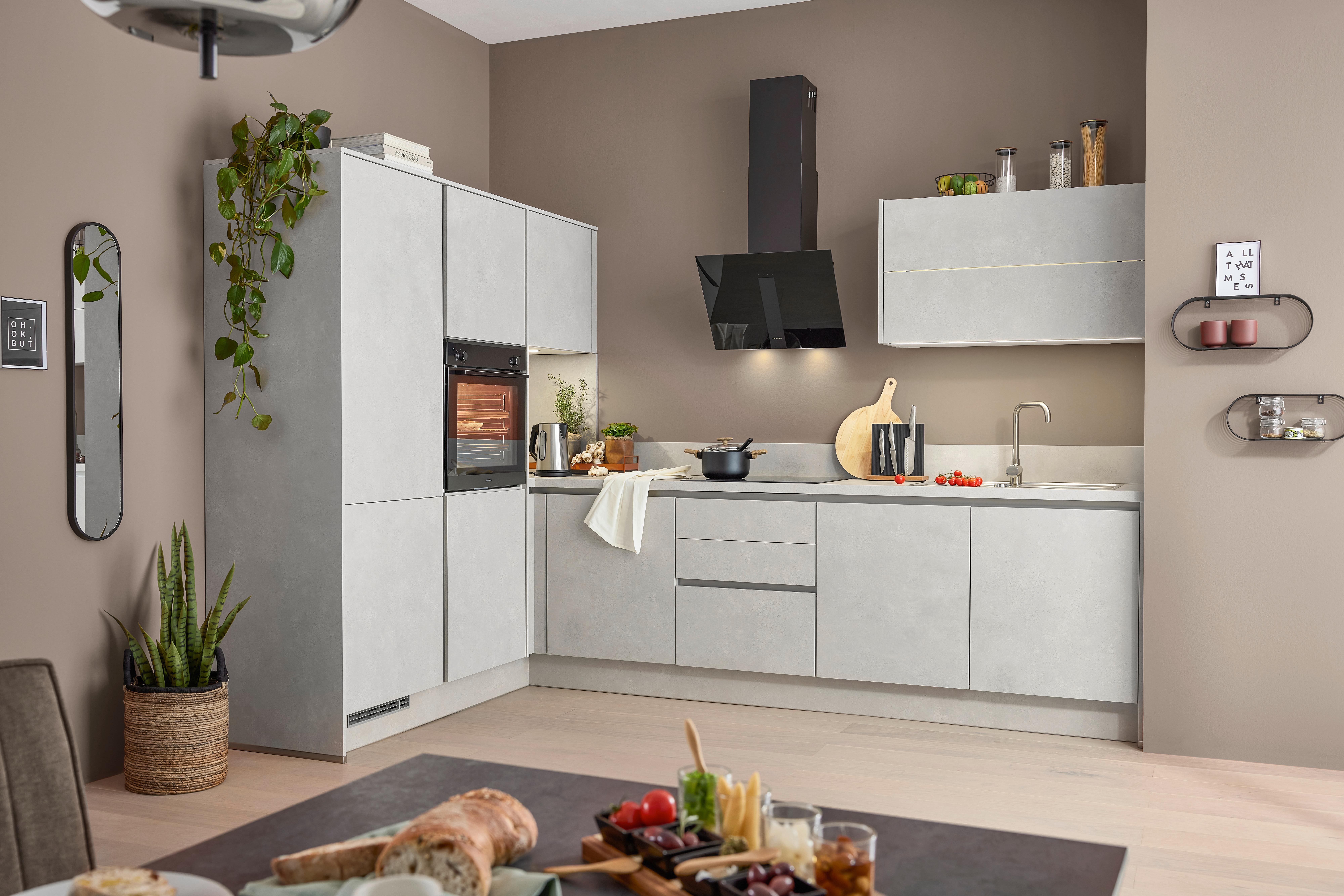 Eckküche PN100 ohne Geräte ca. 191,2x306,6cm Beton/Sand - Sandfarben/Kaschmir, Holzwerkstoff (191,2/306,6cm) - Pino