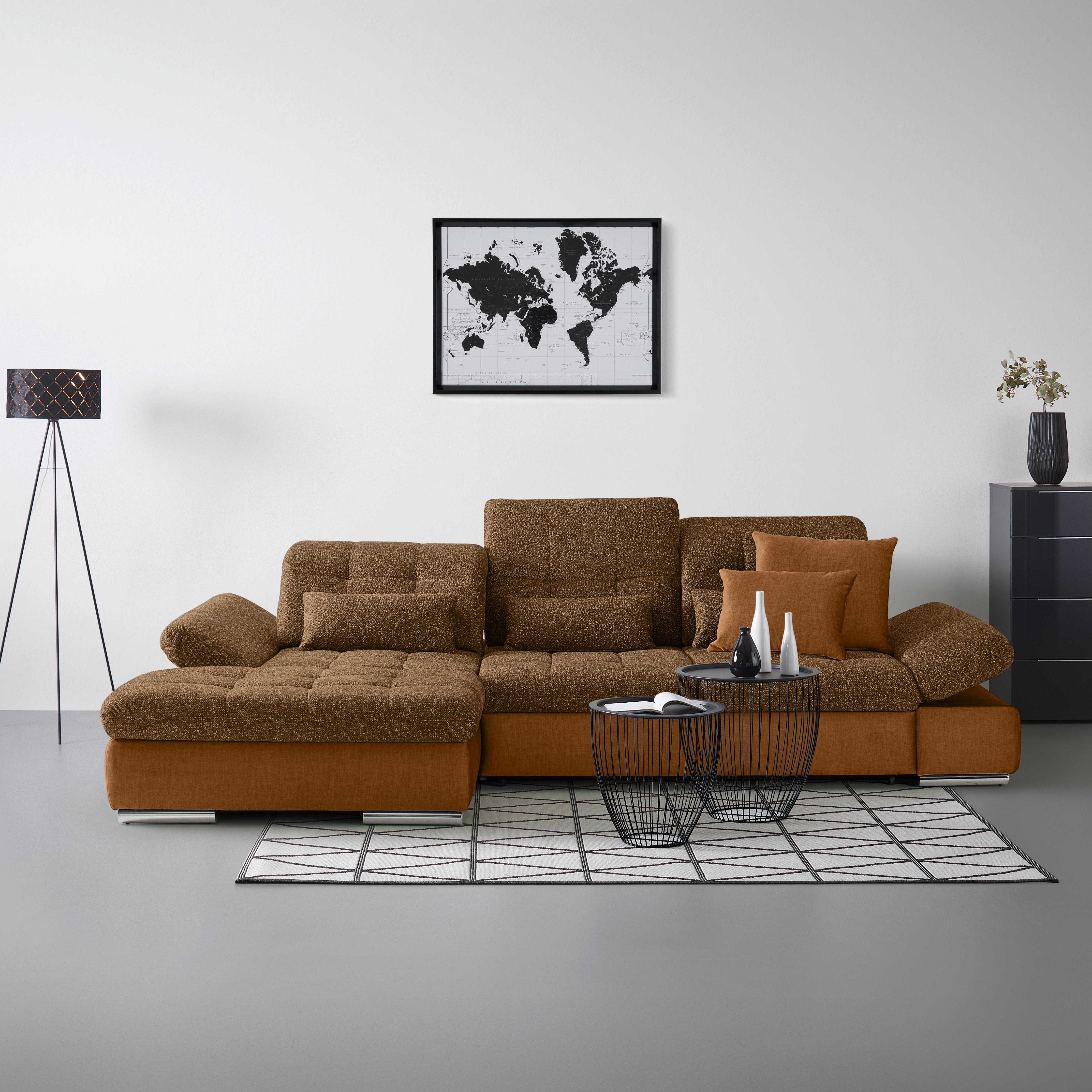 Wohnlandschaft Sanfino Cognac/Senfgelb - Chromfarben/Cognac, KONVENTIONELL, Holz/Textil (199/79-96/305cm) - Premium Living
