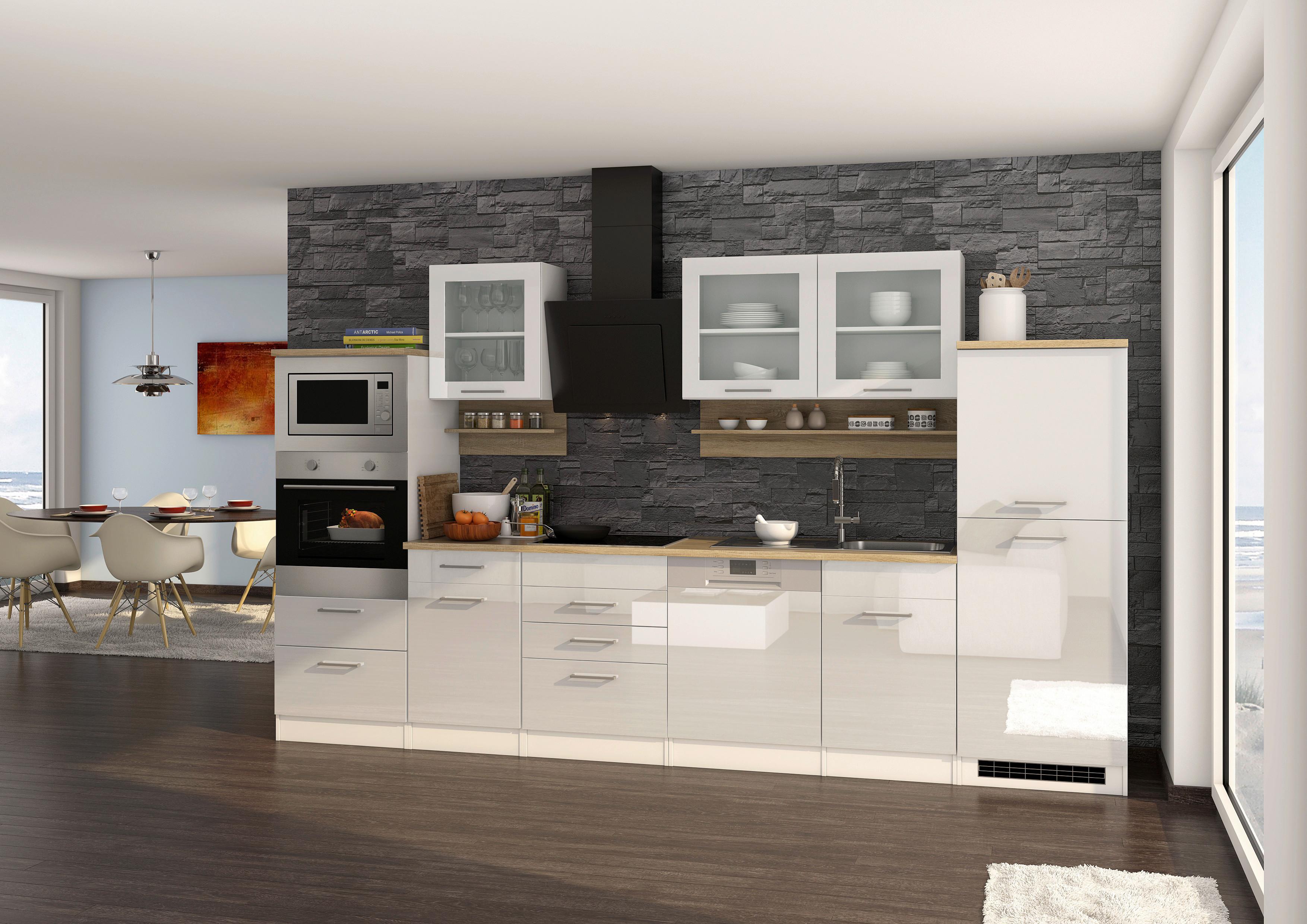 Küchenleerblock Mailand o. Geräte Weiß Hochglanz - Weiß Hochglanz/Silberfarben, MODERN, Glas/Holzwerkstoff (340cm) - Held