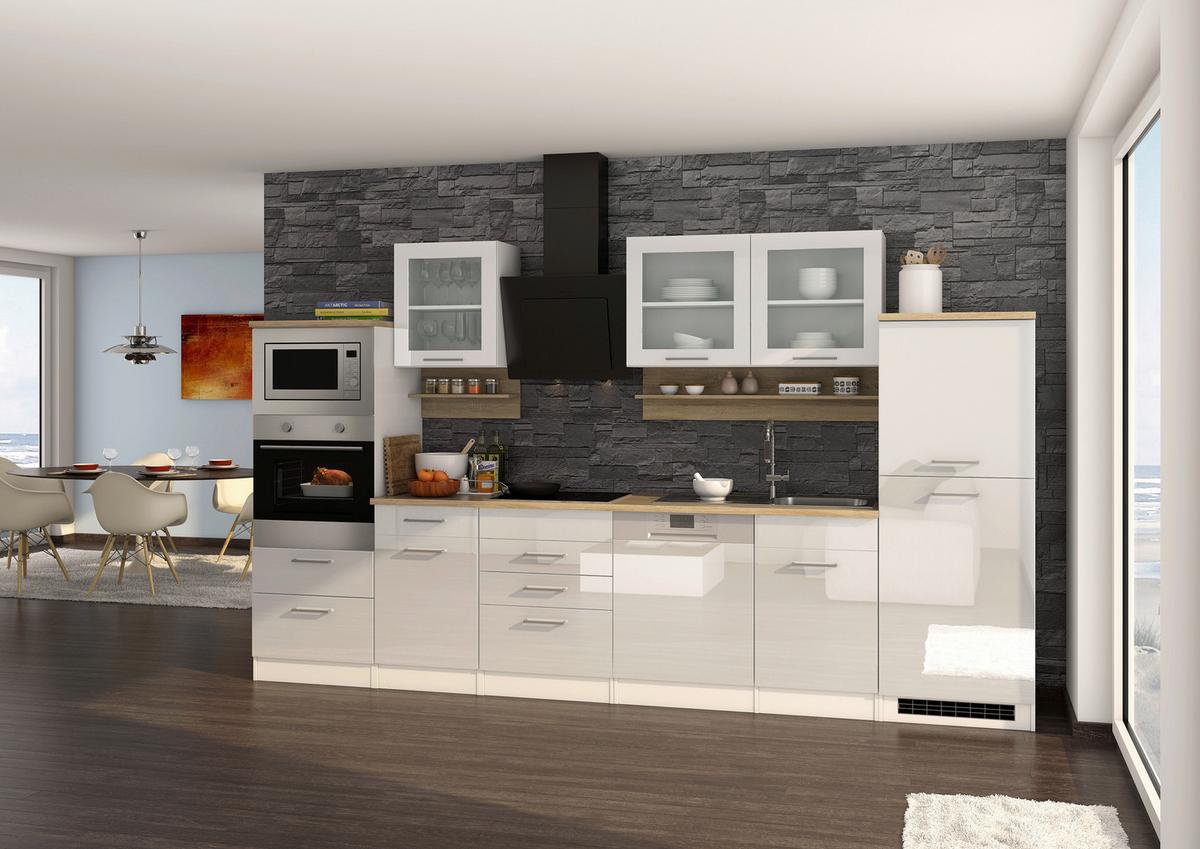 Küchenleerblock Mailand o. Geräte Weiß Hochglanz - Weiß Hochglanz/Silberfarben, MODERN, Glas/Holzwerkstoff (340cm) - Held