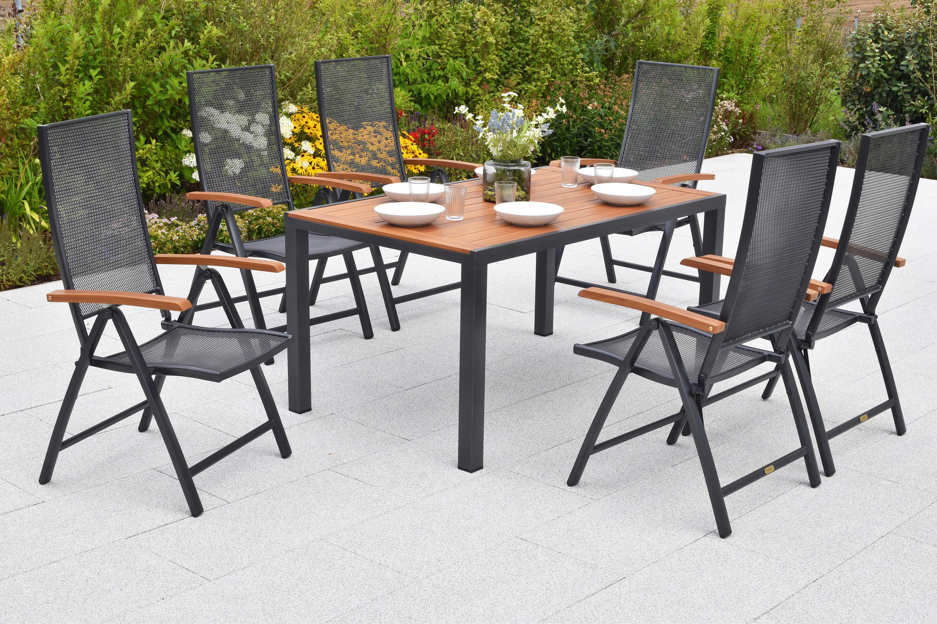 Gartentischgruppe Thasos 7-tlg. Graphitfarben - Graphitfarben/Naturfarben, KONVENTIONELL, Metall - Gardenson