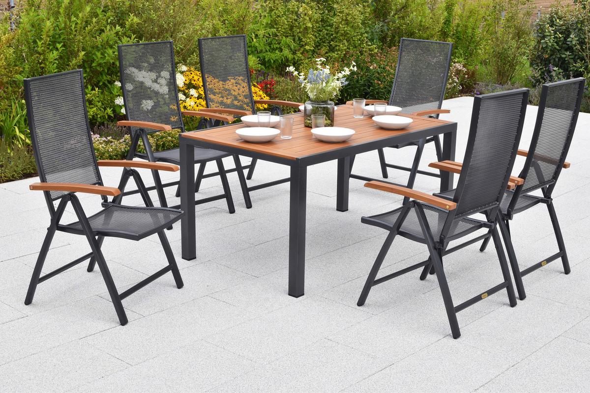 Gartentischgruppe Thasos 13-tlg. Graphitfarben - Graphitfarben/Naturfarben, KONVENTIONELL, Textil/Metall - Gardenson