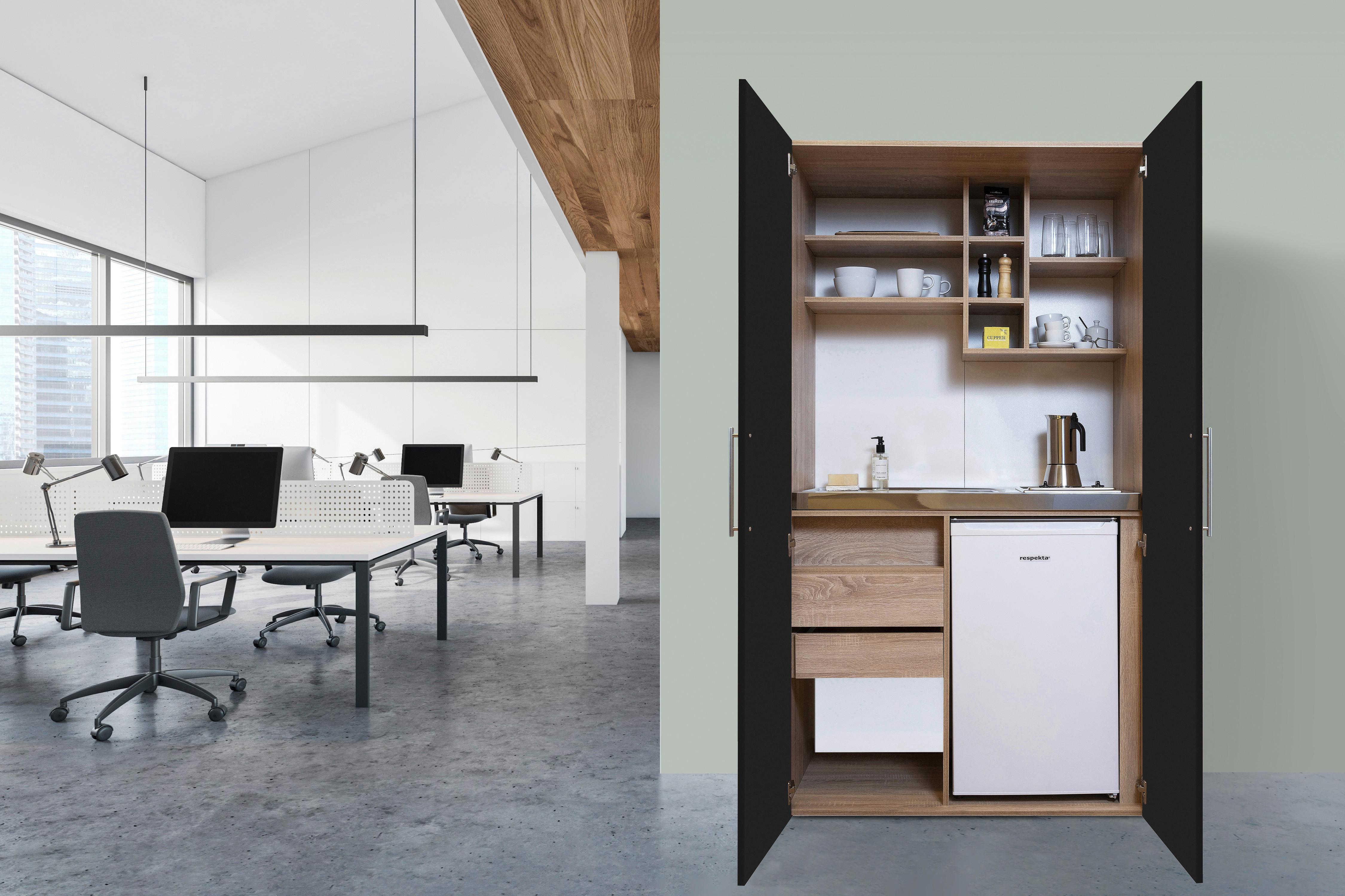 Schrankküche mit Kühlschrank + Kochfeld Schwarz B: ca. 104 cm - Edelstahlfarben/Eichefarben, KONVENTIONELL, Holzwerkstoff/Metall (104/193/67cm) - Respekta