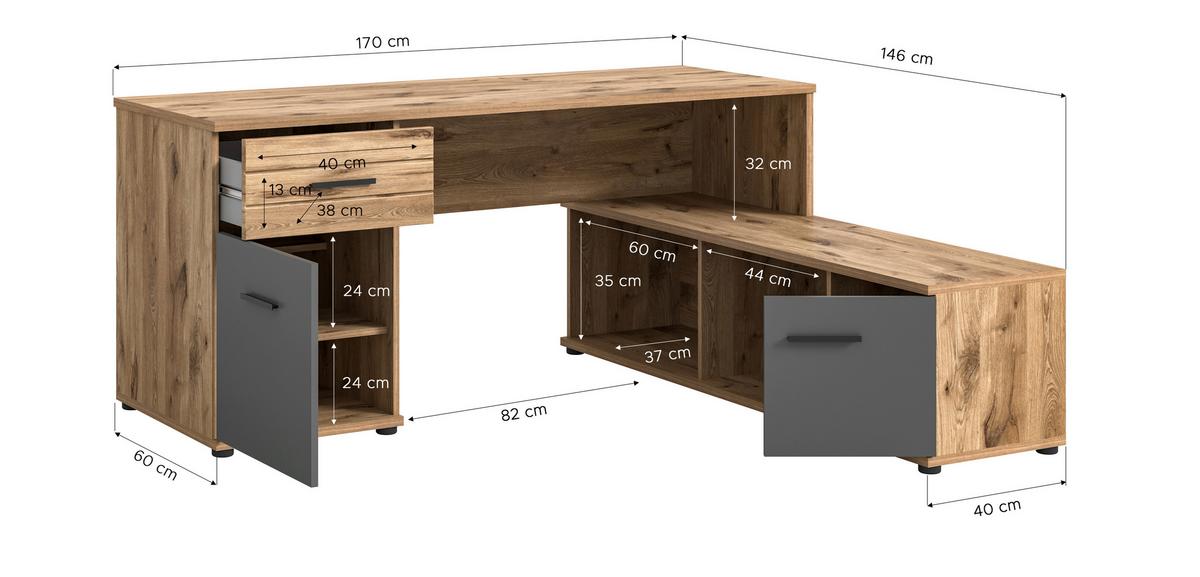 Eckschreibtisch Mason ca. 170x151 cm Eiche Grau - Holzwerkstoff/Kunststoff (170/151/76cm) - MID.YOU