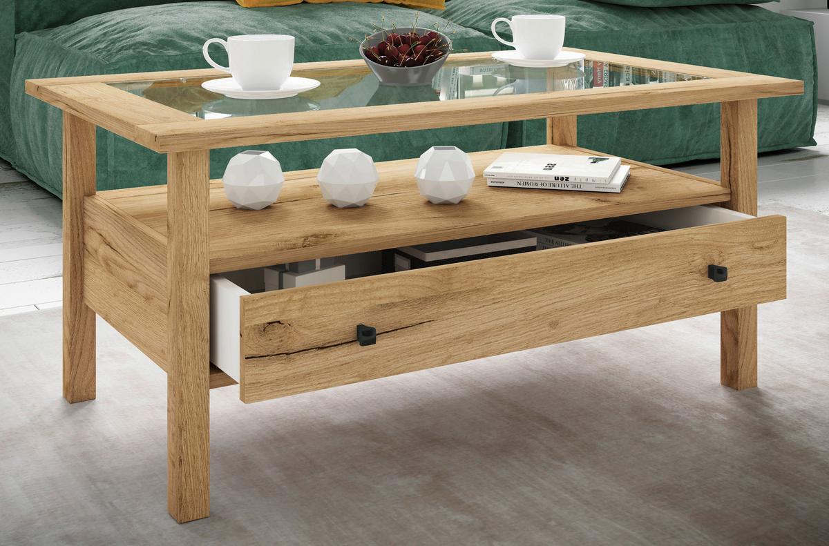 COUCHTISCH LINGIS L - Honigeiche/Schwarz, Lifestyle, Glas/Holzwerkstoff (90/42/54cm) - MID.YOU