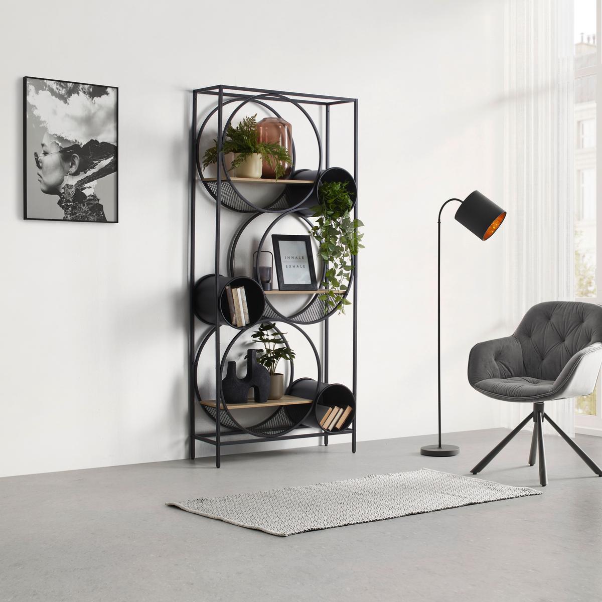 Regal Circle Naturfarben/Schwarz aus Metall - Schwarz/Naturfarben, MODERN, Holzwerkstoff/Metall (84/186/30cm) - Premium Living