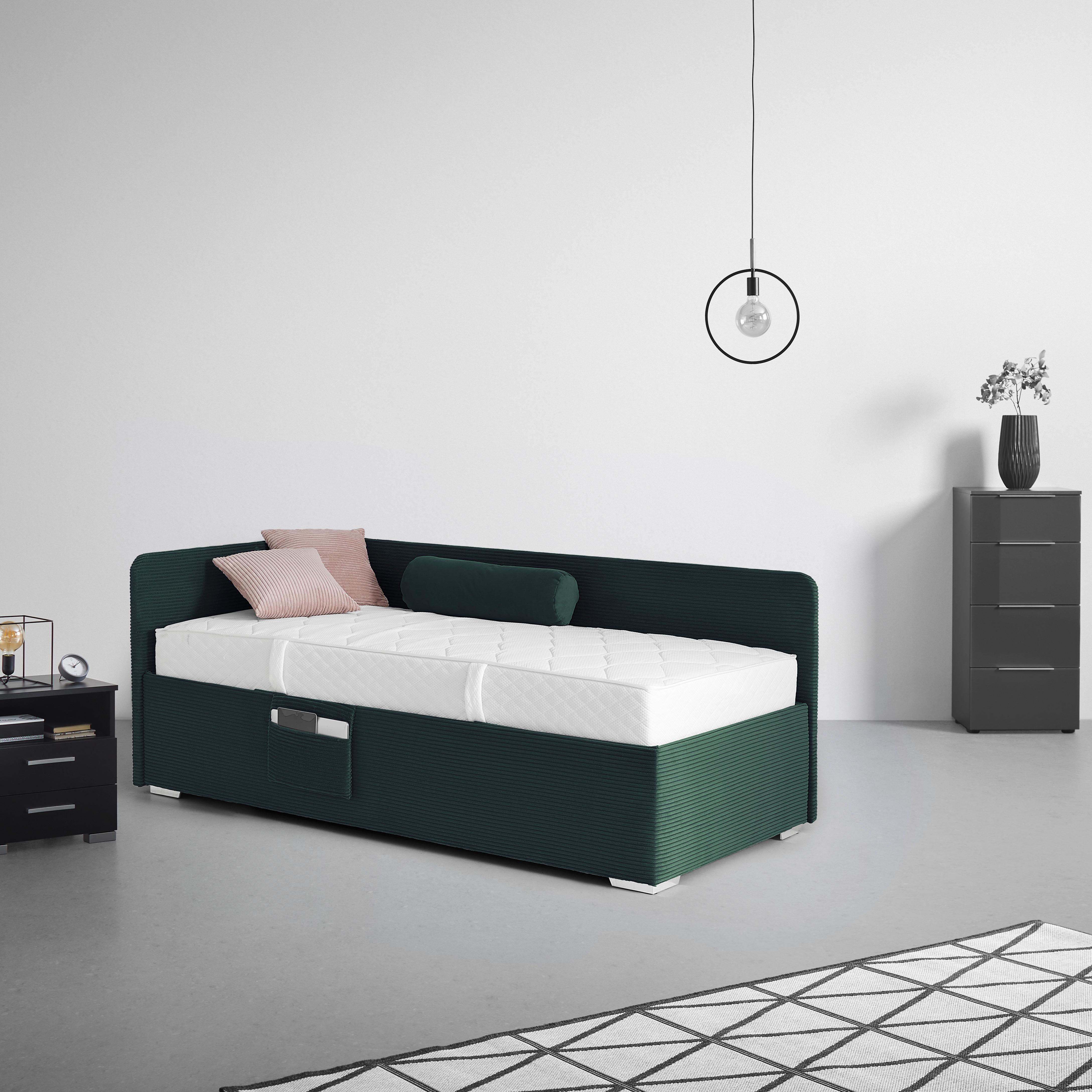 Krevet Remi - prirodne boje/tamno zelena, Konvencionalno, drvo/tekstil (90/200cm) - Based