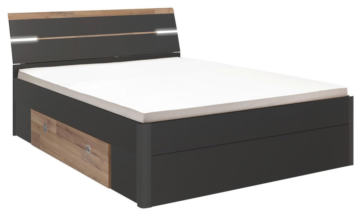 Postelja Mars, S Predali, 160x200 - črna/barve hrasta, Konvencionalno, umetna masa/leseni material (160/200cm) - MID.YOU