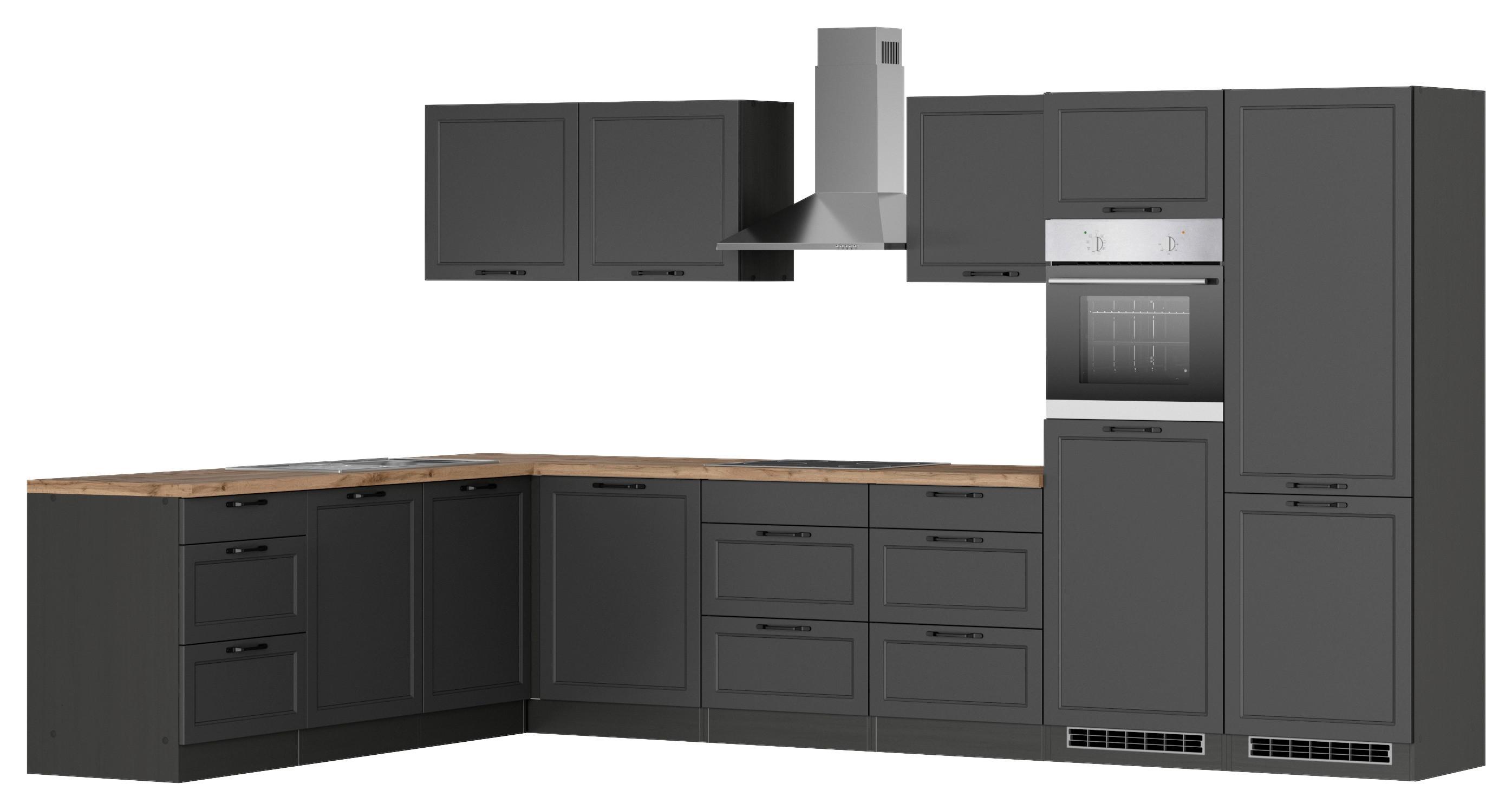 Eckküche Meran mit Geräten ca. 240x360 cm Grau/Eiche - Eiche Wotan/Schwarz, LIFESTYLE, Holzwerkstoff/Metall (240/360cm) - Held
