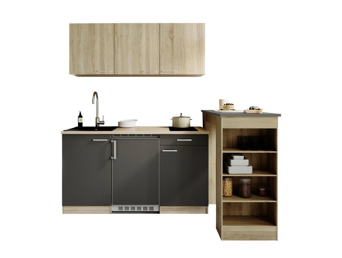 Miniküche Ingrid m. Geräten ca. 150cm Grau - Eichefarben/Alufarben, Design, Holzwerkstoff/Kunststoff (150cm) - Respekta