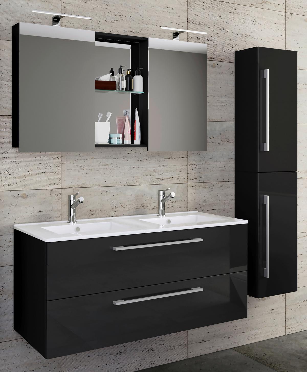 Badezimmer Budasi 4-tlg. ca. 145 cm Schwarz - Schwarz/Alufarben, MODERN, Keramik/Holzwerkstoff (145cm) - MID.YOU
