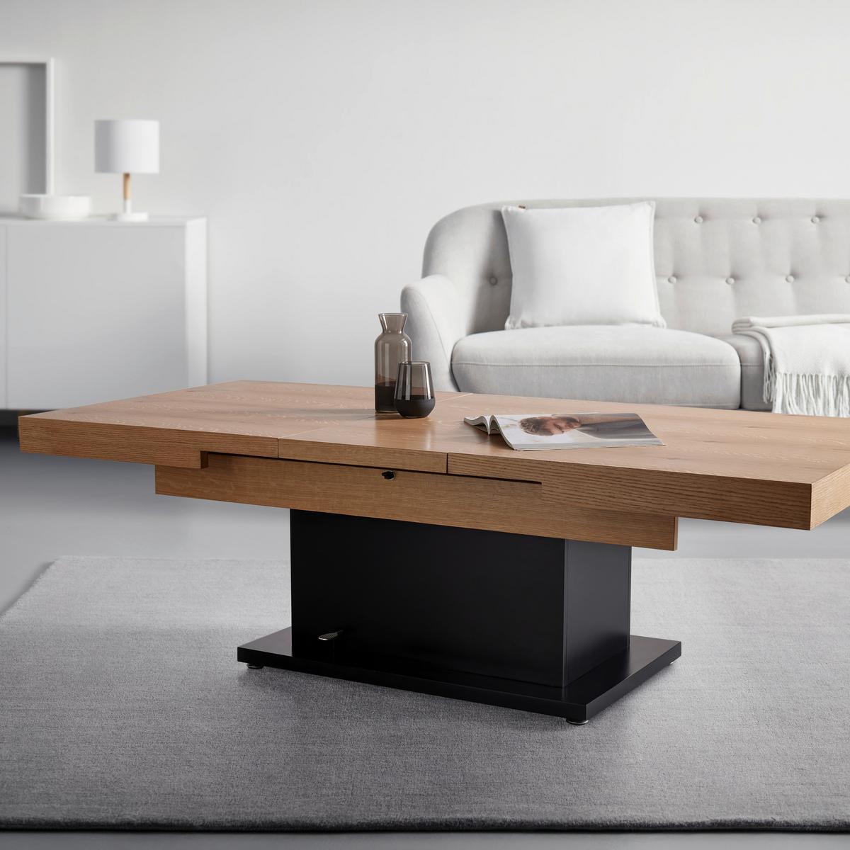 Couchtisch 2 in 1 Based in Schwarz/Eichefarben - Eichefarben/Schwarz, MODERN, Holz/Holzwerkstoff (133-170/80/51,5-77,5cm) - Based