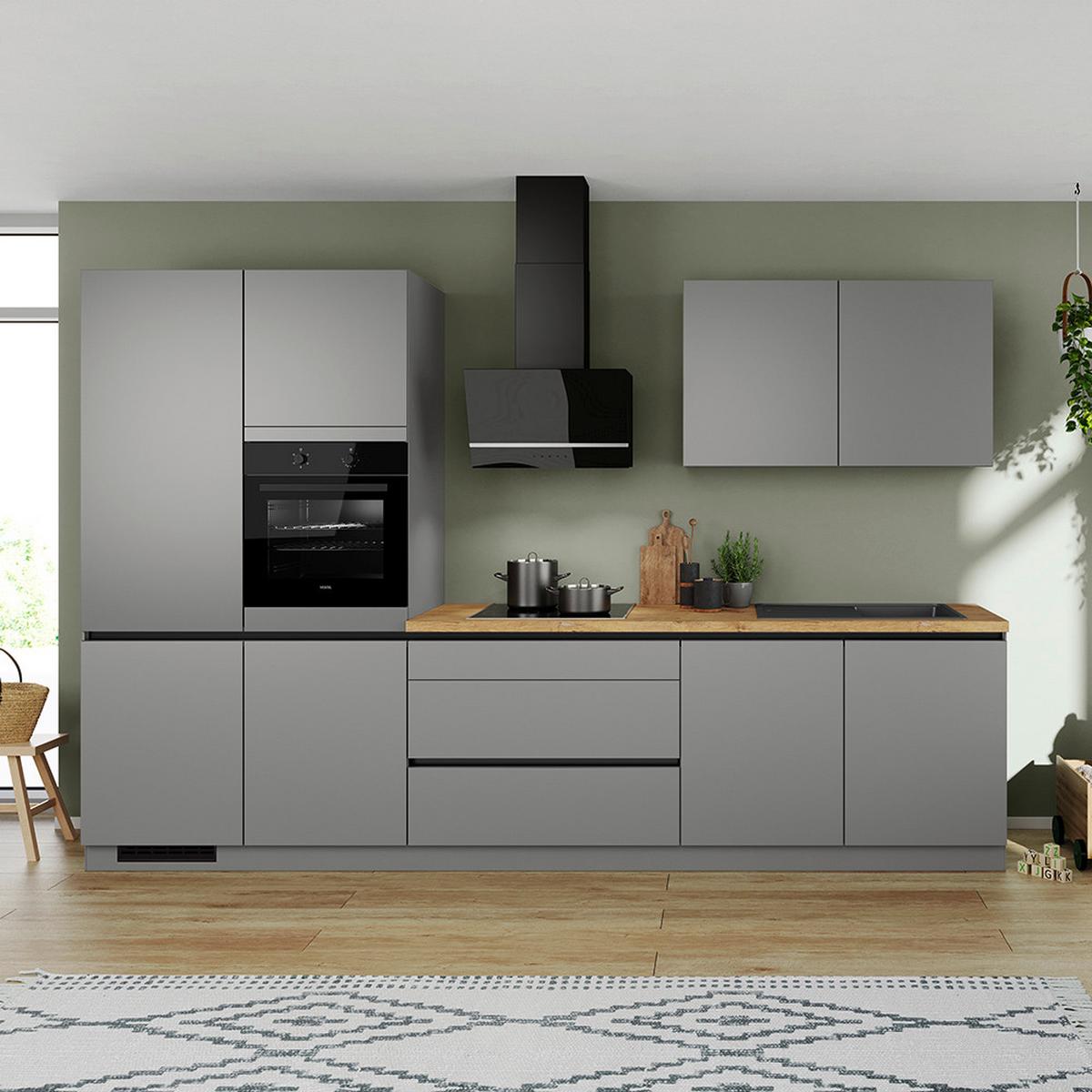 Küchenblock IP3150 o. Geräte Grau - Eichefarben/Schwarz, MODERN, Holzwerkstoff (340cm) - Impuls