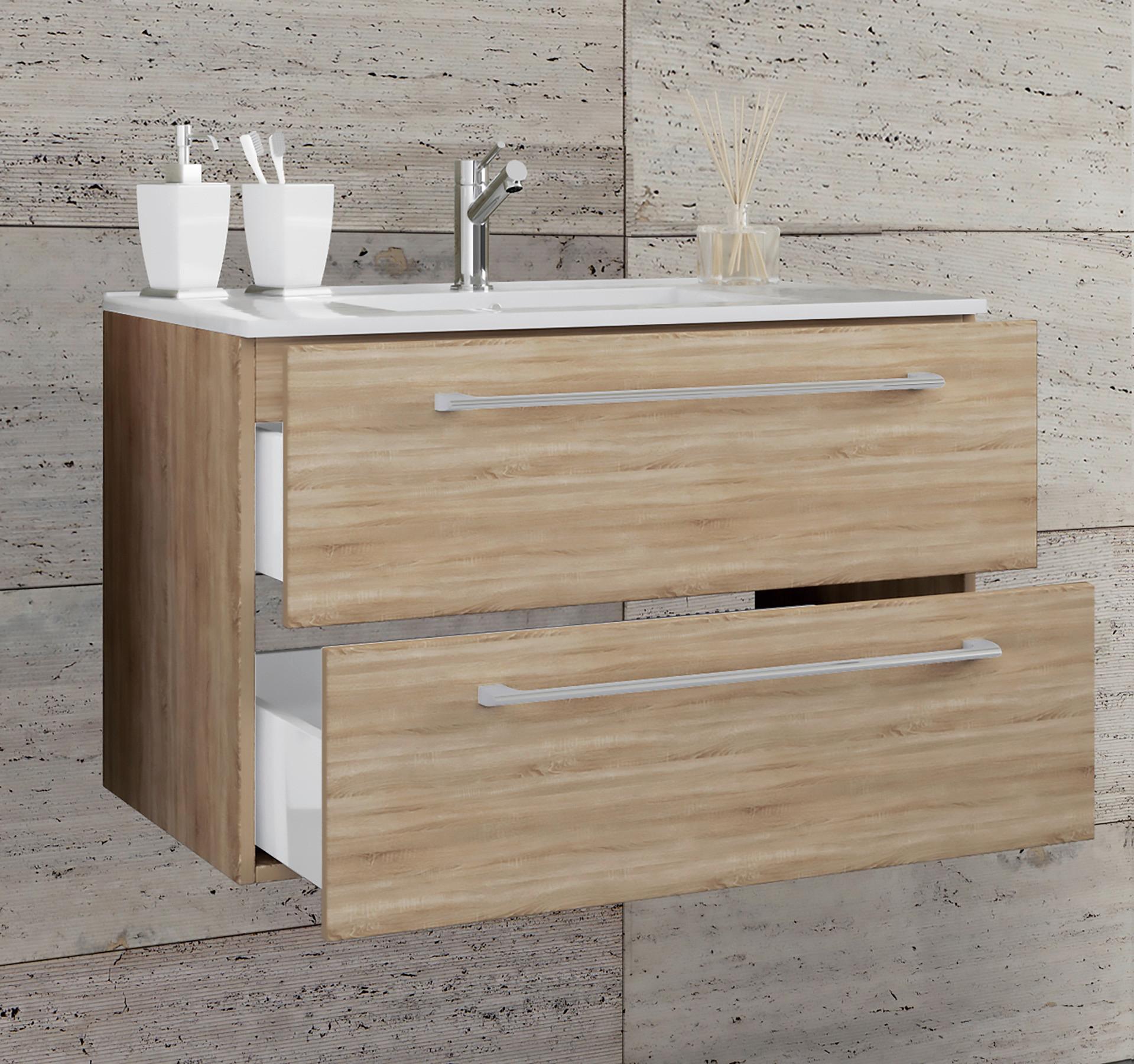 Kombiniran Umivalnik Badinos, Hrast Sonoma - bela/barve aluminija, Moderno, kovina/leseni material (61cm) - MID.YOU
