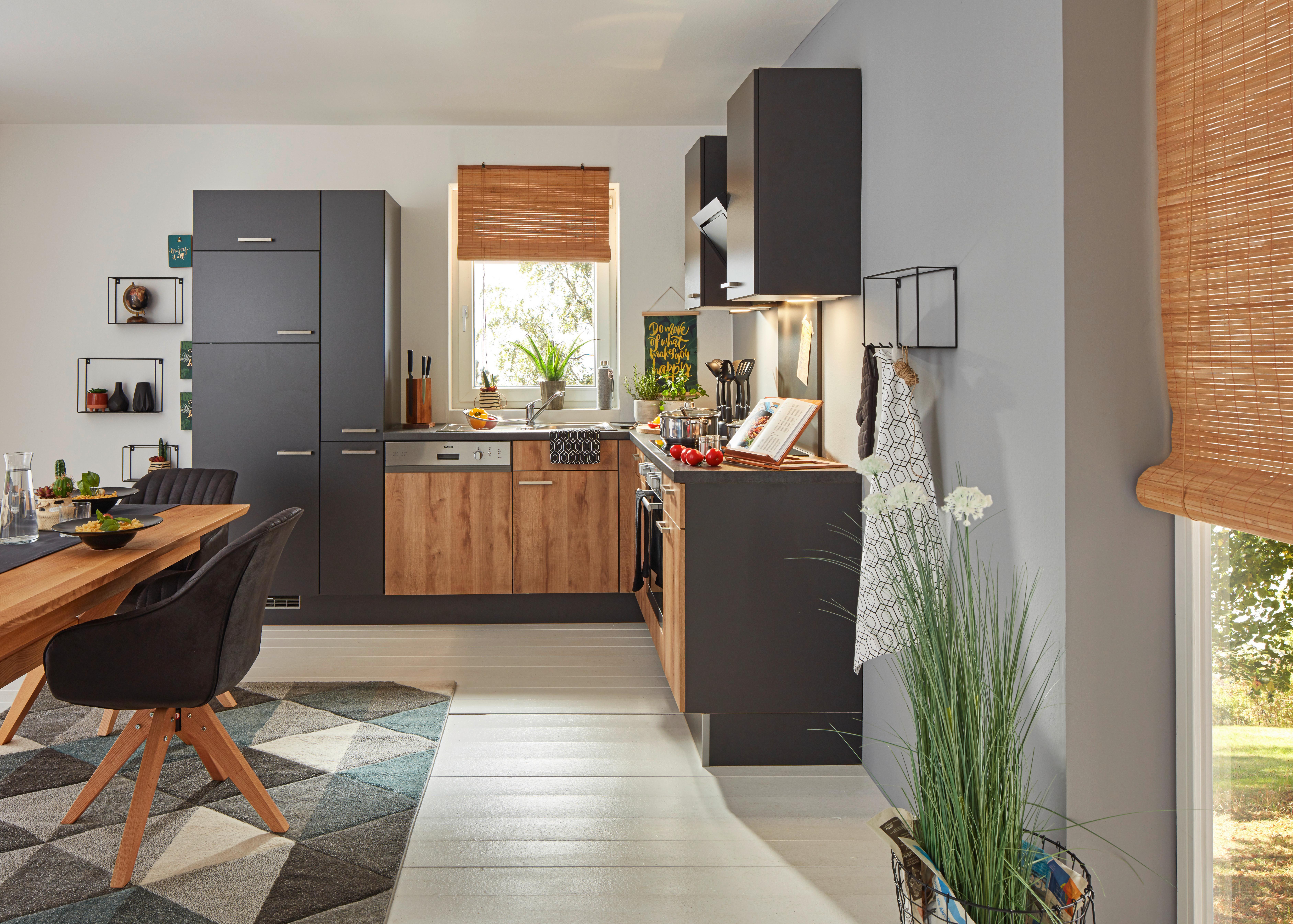 Eckküche inkl. 4 E-Geräte PN100/80 - Eichefarben/Dunkelgrau, MODERN, Holzwerkstoff (265/215cm) - Pino