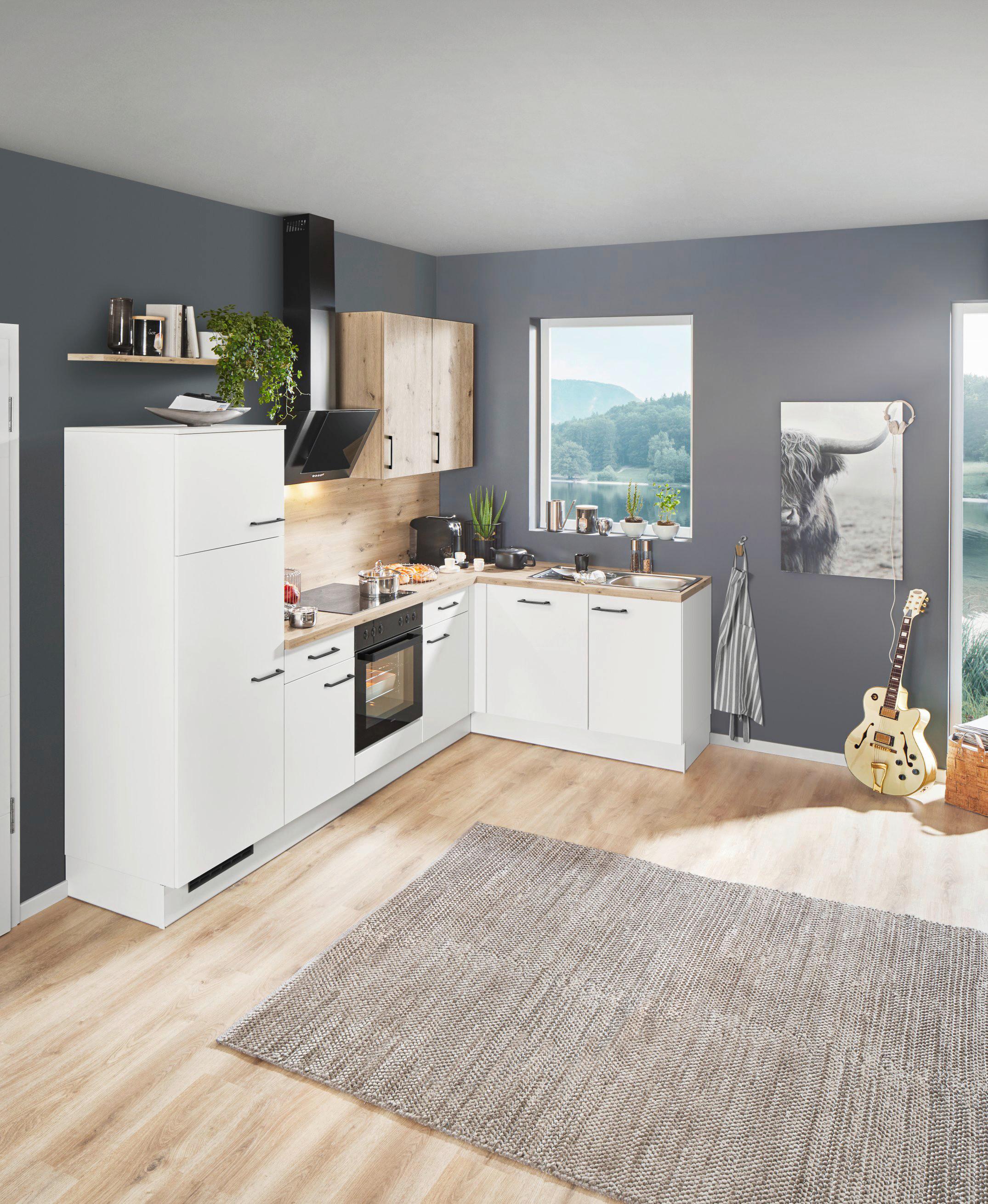 Eckküche inkl. 4 E-Geräte IP 1200 in Weiß -Eiche NB - Edelstahlfarben/Eichefarben, MODERN, Holzwerkstoff/Metall (285/175cm) - Impuls
