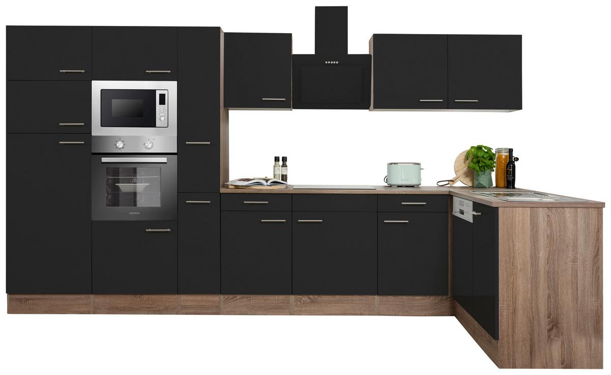 Eckküche Oliver mit Geräten ca. 370x172 cm Schwarz - Eichefarben/Schwarz, Basics, Holzwerkstoff/Metall (370/172cm) - Respekta