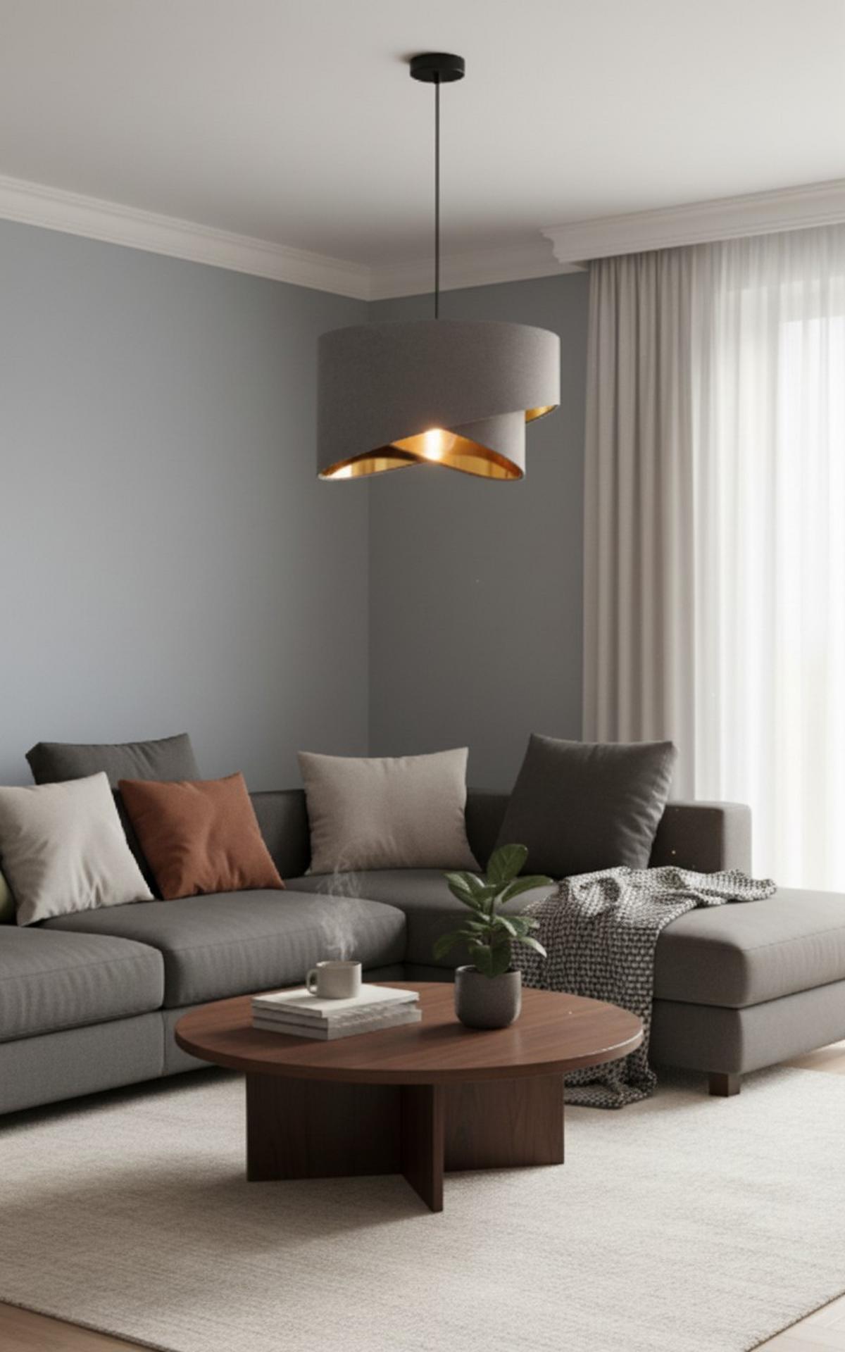 LAMPA WISZĄCA PAULA - kolor złoty/szary, Trend, metal/tkanina (45/130cm) - Novel