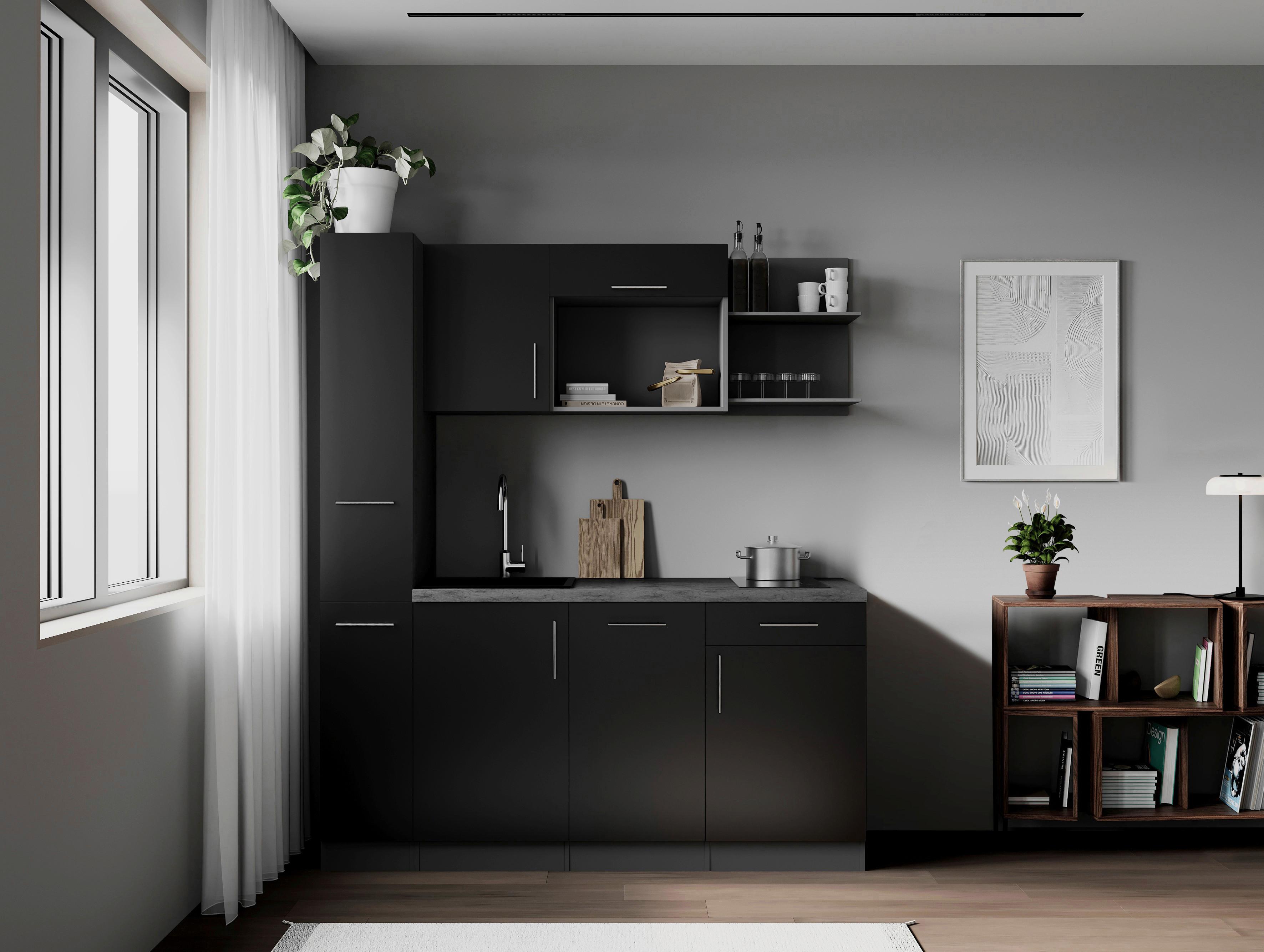 Küchenblock Oliver m. Geräten Schwarz - Schwarz/Grau, Trend, Holzwerkstoff/Metall (175cm) - Respekta