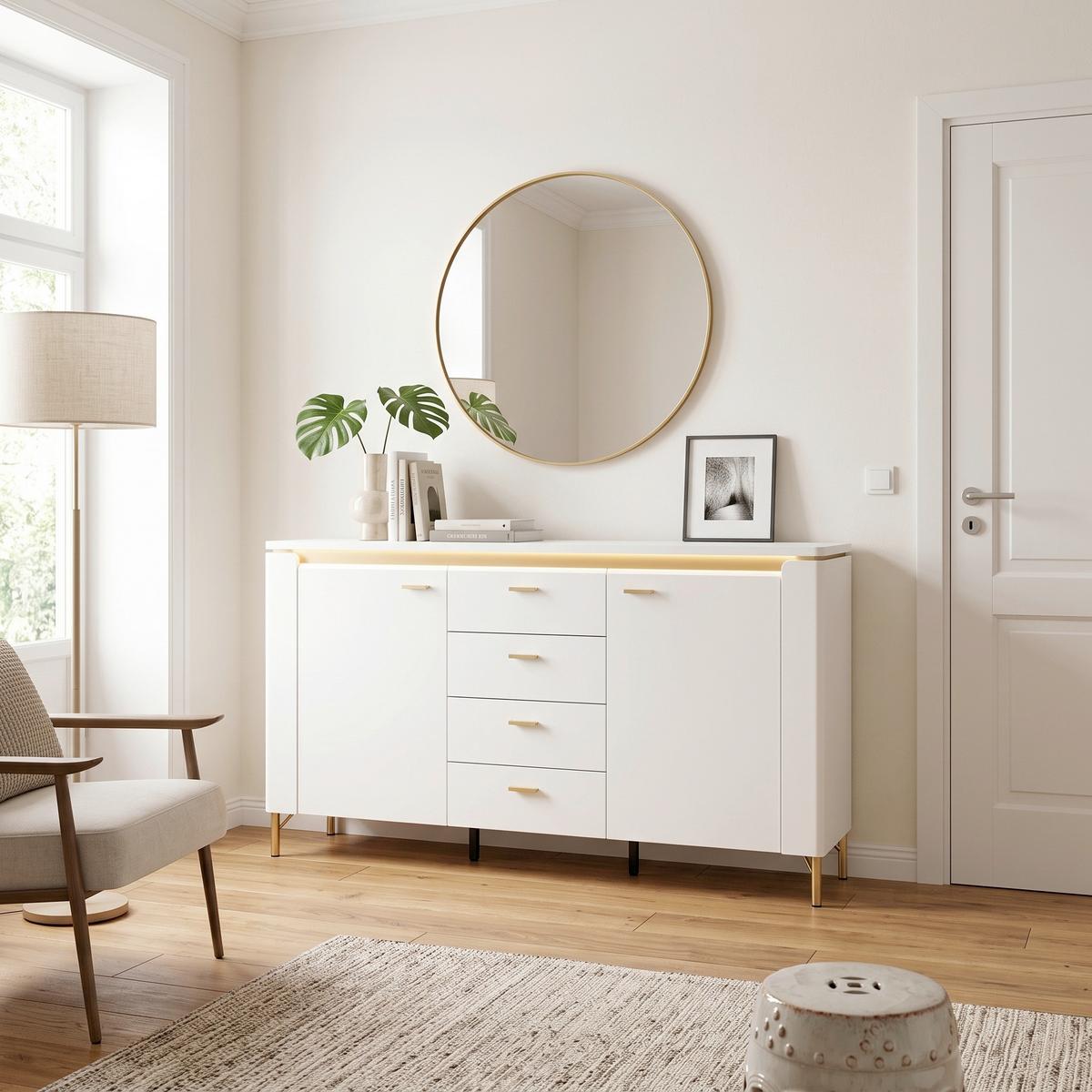 Komoda Lazio - bijela/bijela visoki sjaj, Trend, drvni materijal/metal (155,3/87,3/40cm) - Modern Living