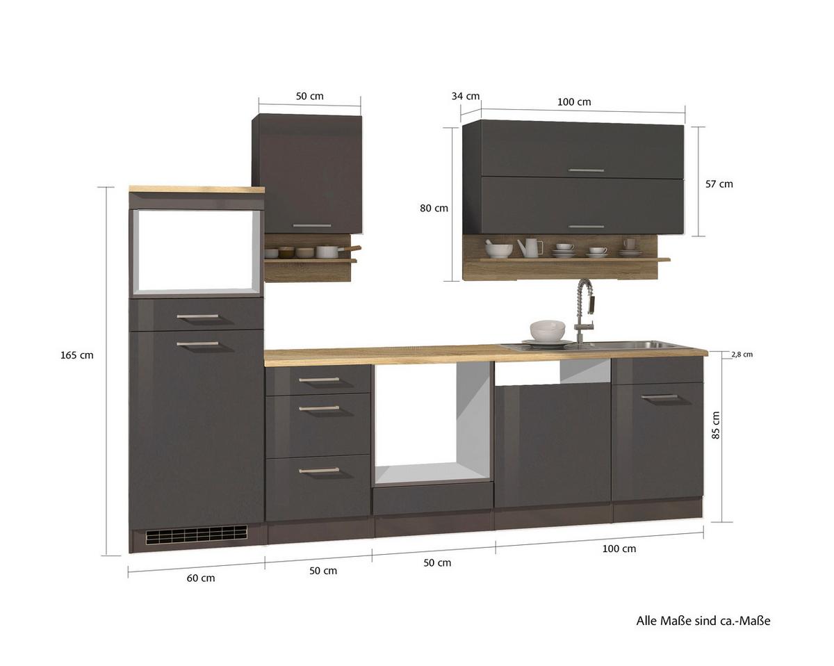 Küchenleerblock Mailand o. Geräte Graphitfarben - Silberfarben/Graphitfarben, MODERN, Glas/Holzwerkstoff (280cm) - Held