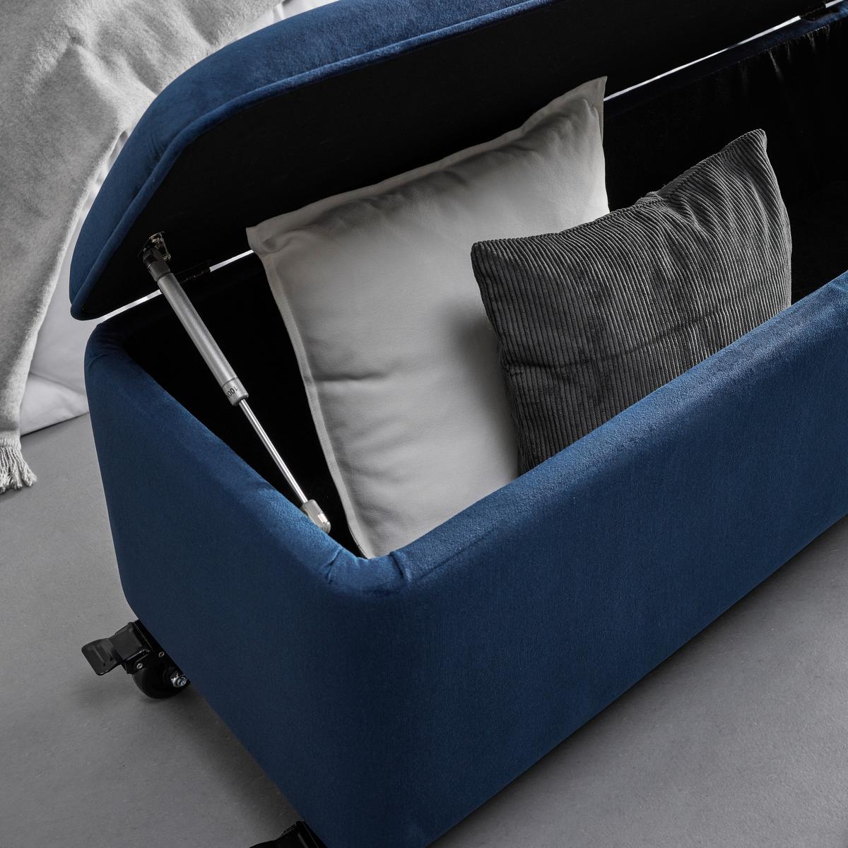 Hockerbank Ella Blau Samt Gepolstert mit Staurraum - Blau/Schwarz, MODERN, Holz/Textil (124/48/43cm) - Bessagi Home